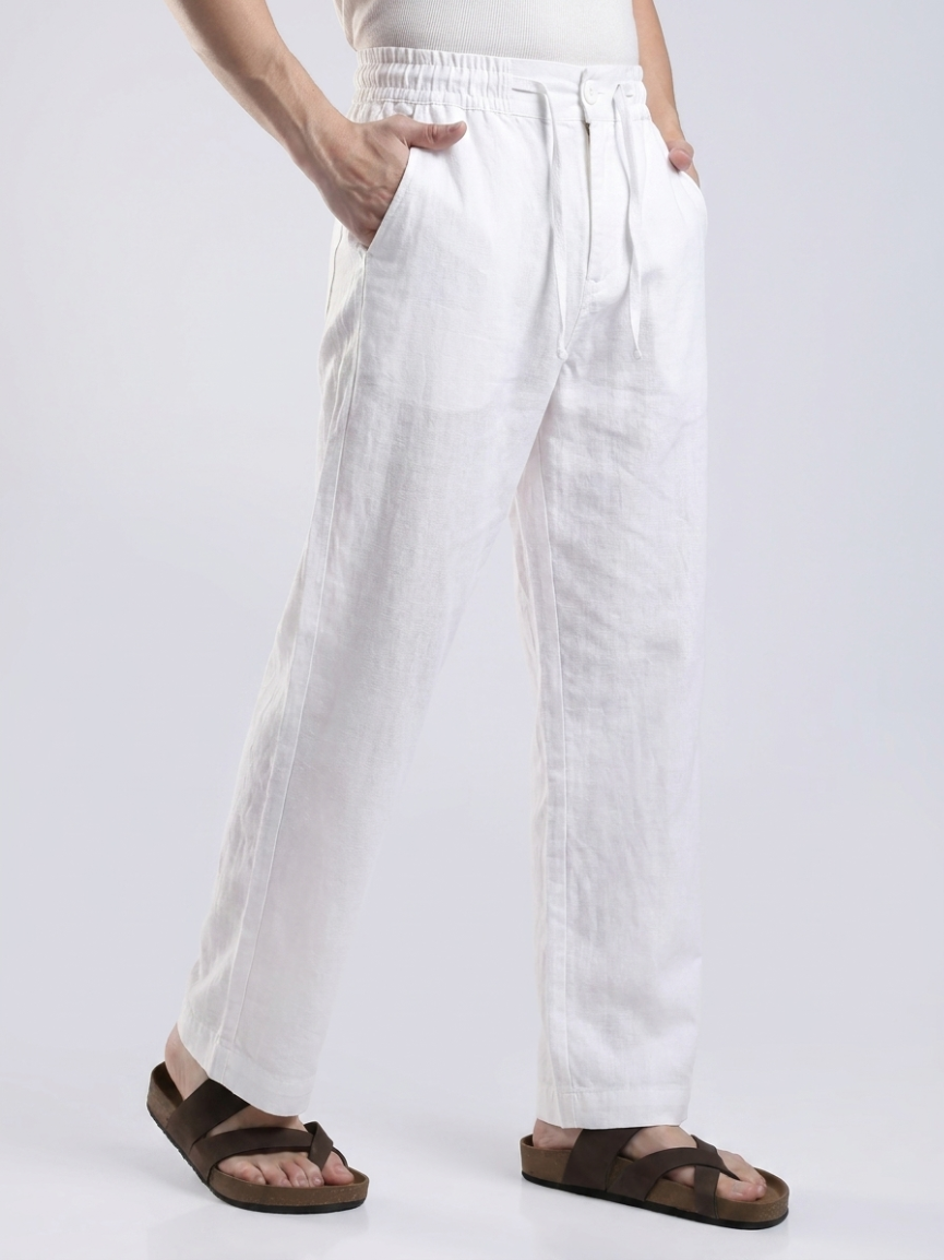 Linen Button Finish White  Straight Fit Pants