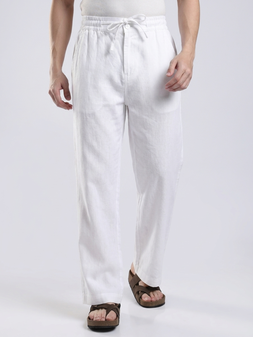 Linen Button Finish White  Straight Fit Pants