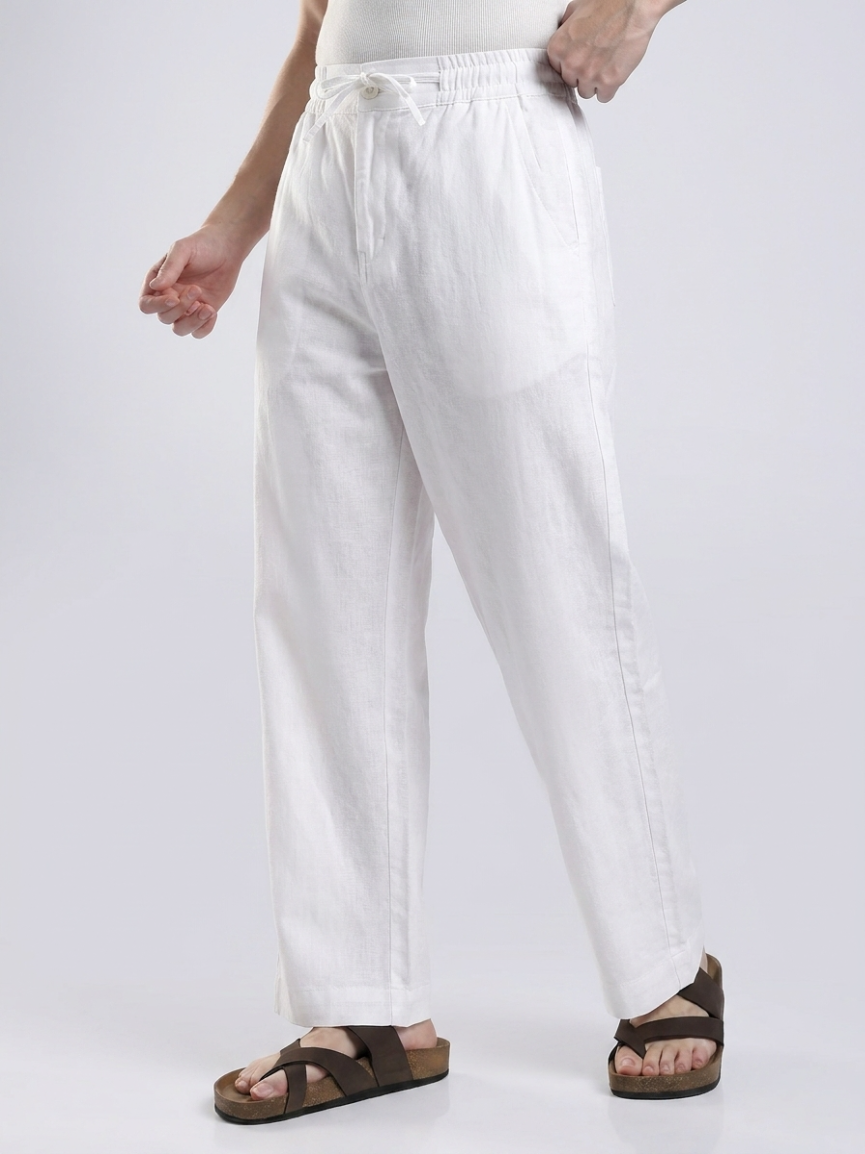 Linen Button Finish White  Straight Fit Pants