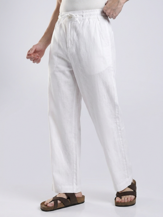 Linen Button Finish White  Straight Fit Pants