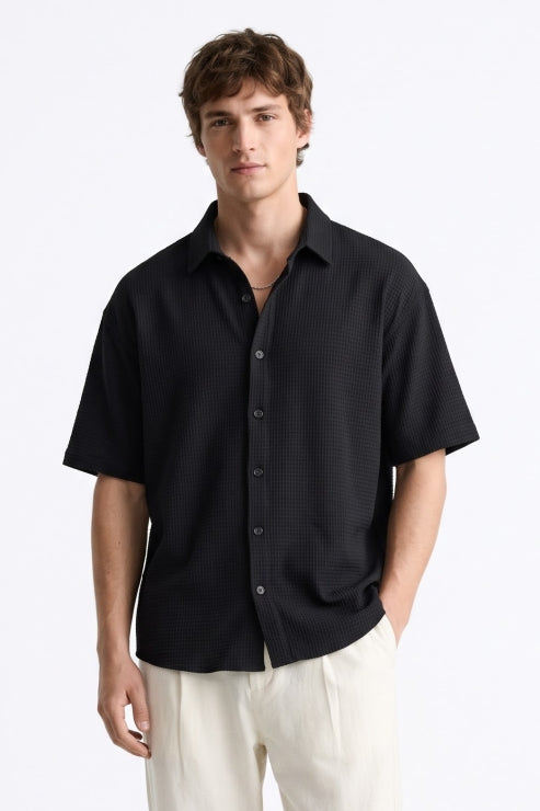 Textured Black Waffle Shirt