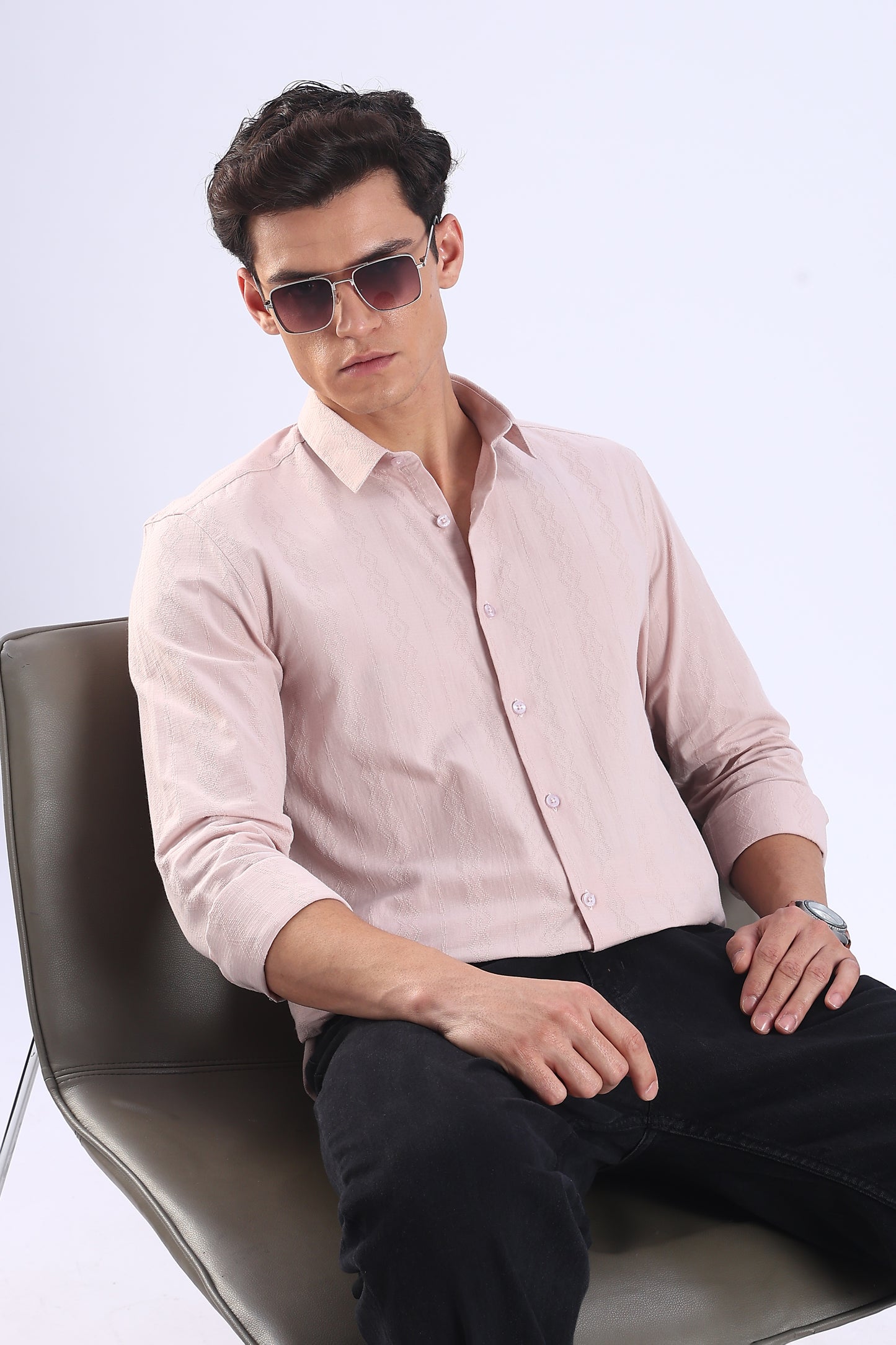 Regular Fit Pink Textured Cotton Shirt