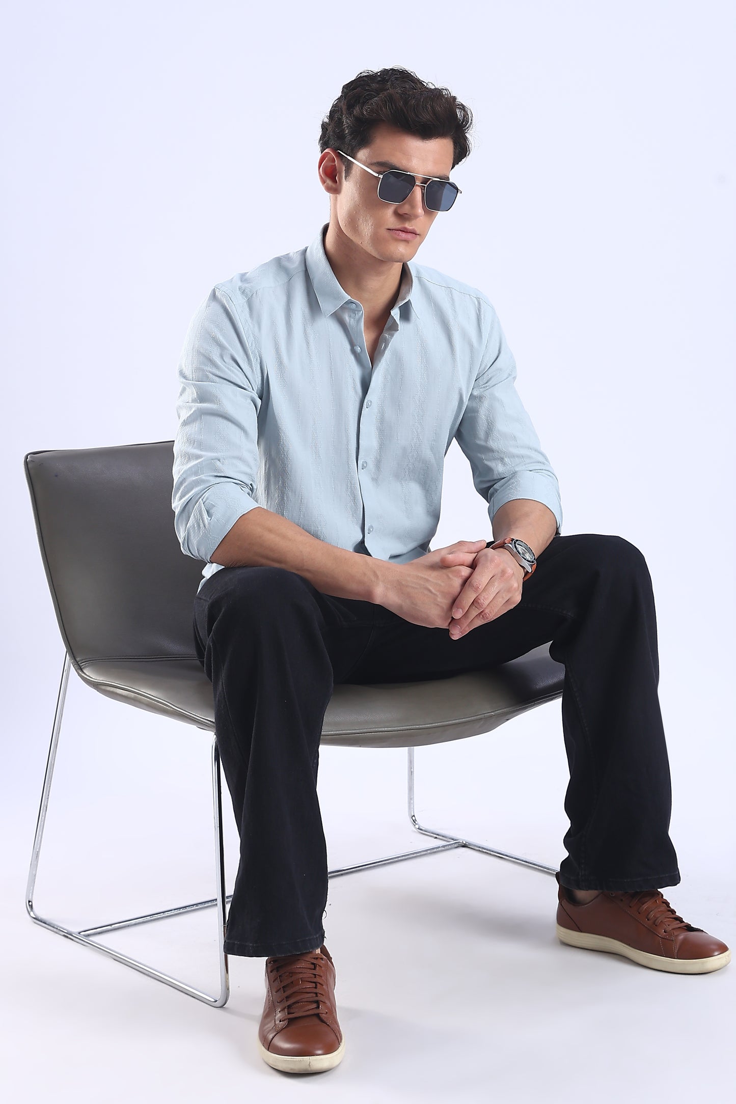 Regular Fit Light Blue Textured Casual Shirt