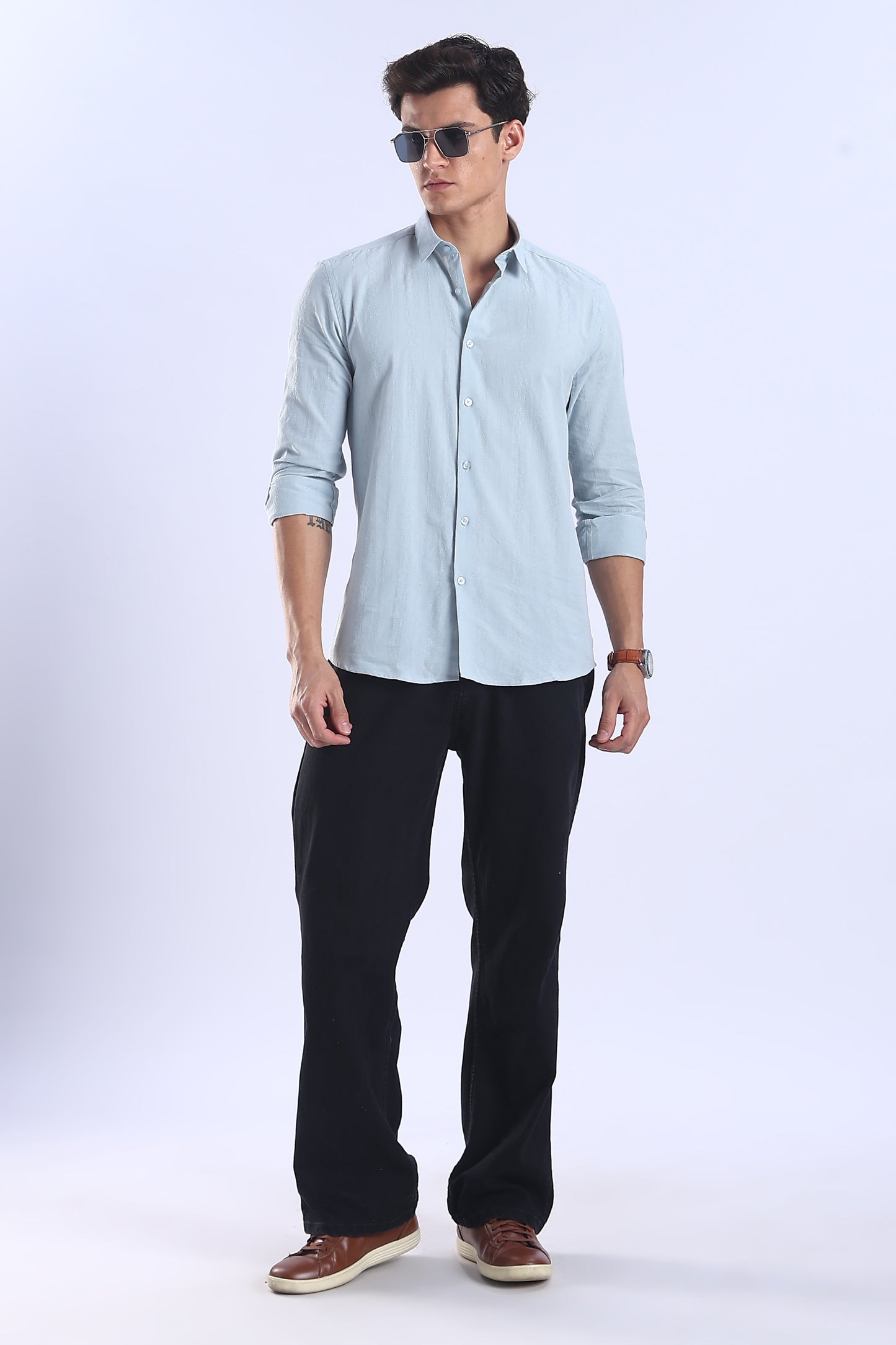 Regular Fit Light Blue Textured Casual Shirt