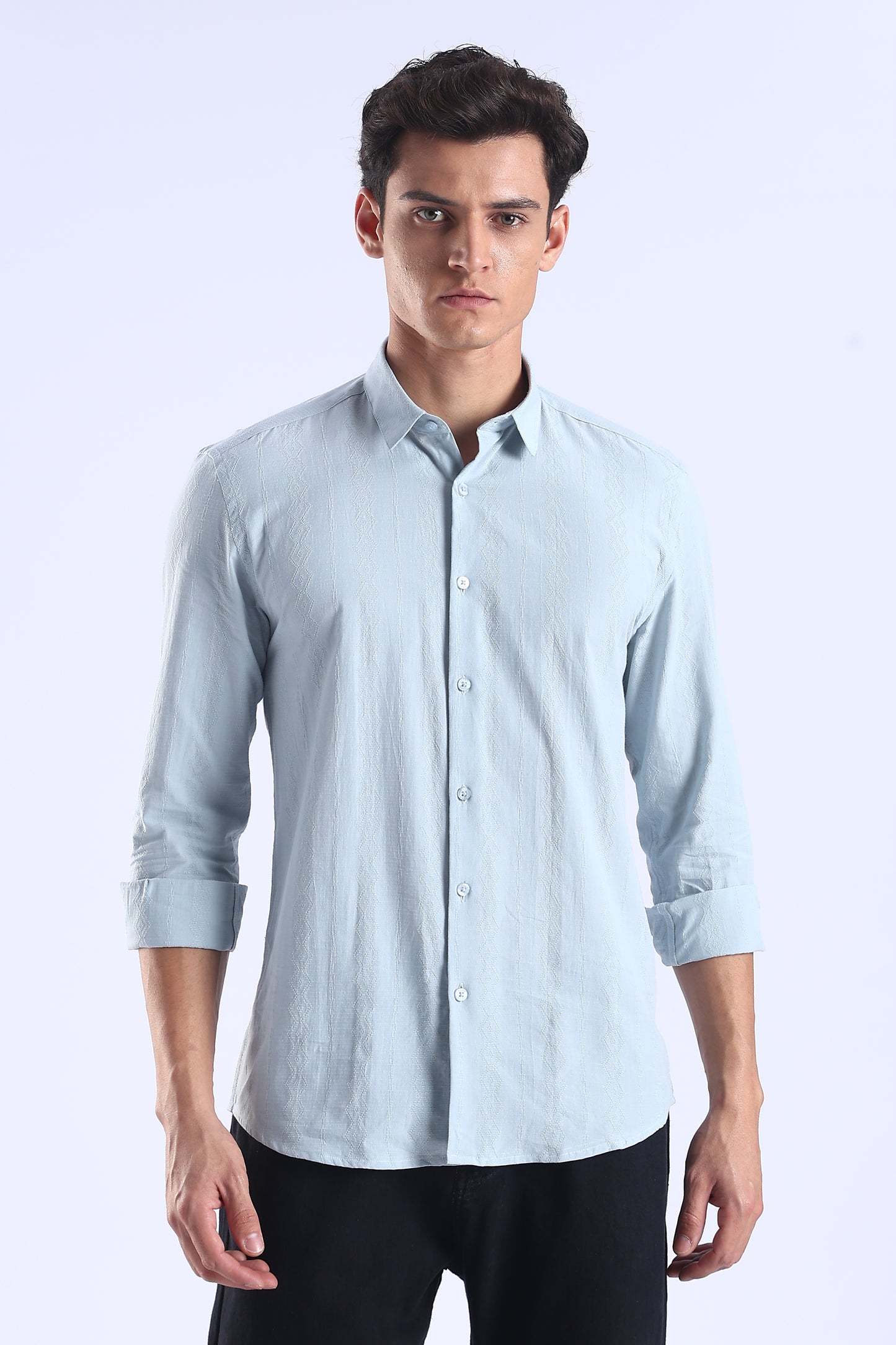 Regular Fit Light Blue Textured Casual Shirt