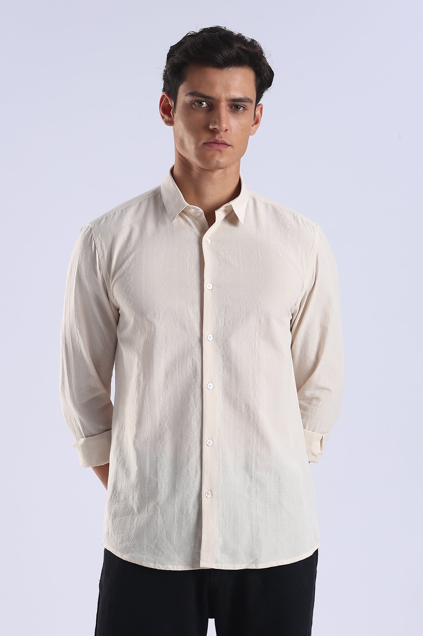 Regular Fit Beige Textured Cotton Shirt