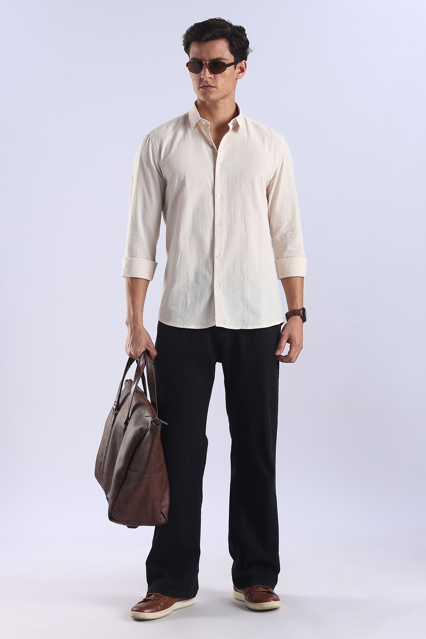 Regular Fit Beige Textured Cotton Shirt