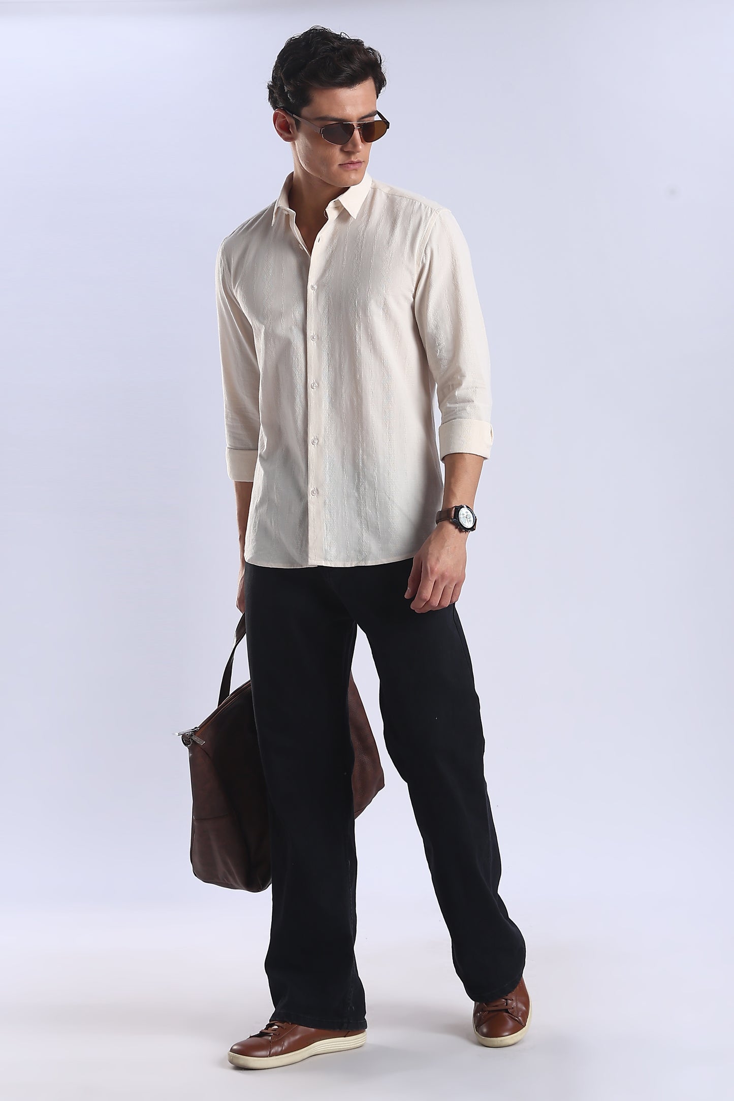 Regular Fit Beige Textured Cotton Shirt
