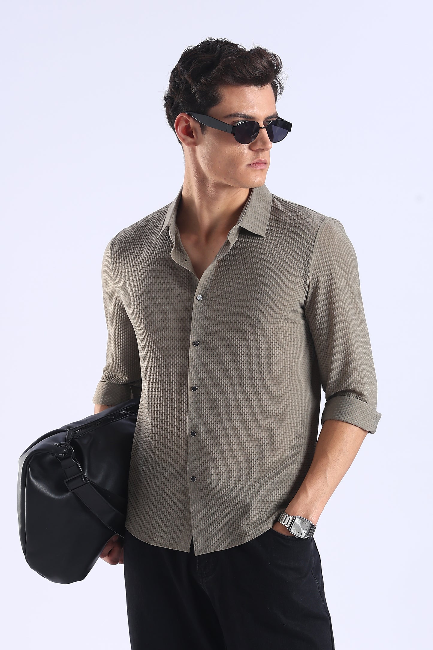 Slim Fit Dark Grey Stitchless Textured Shirt