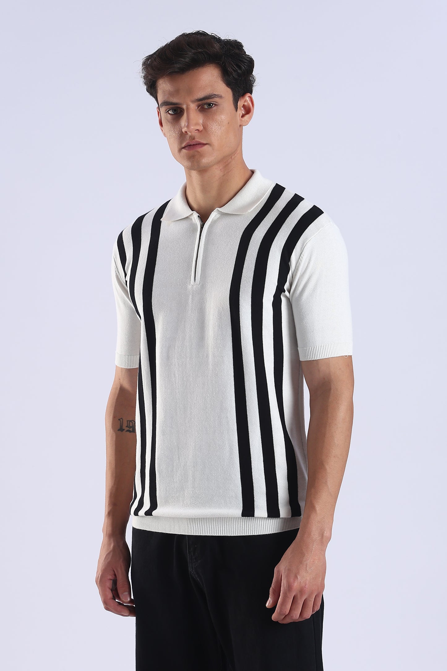 Slim Fit Polo Zipper Tee Knitted With Black Stripes