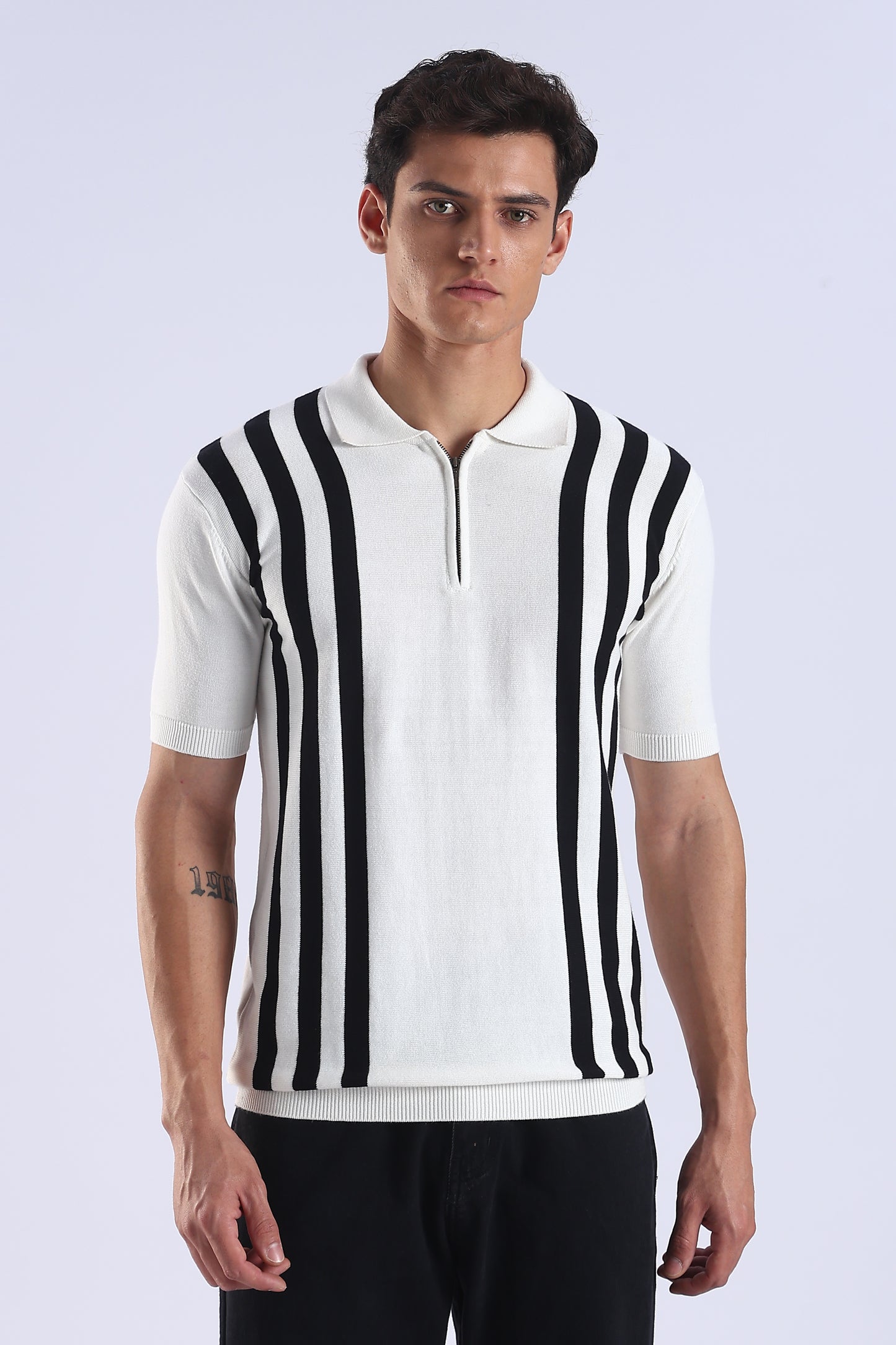 Slim Fit Polo Zipper Tee Knitted With Black Stripes
