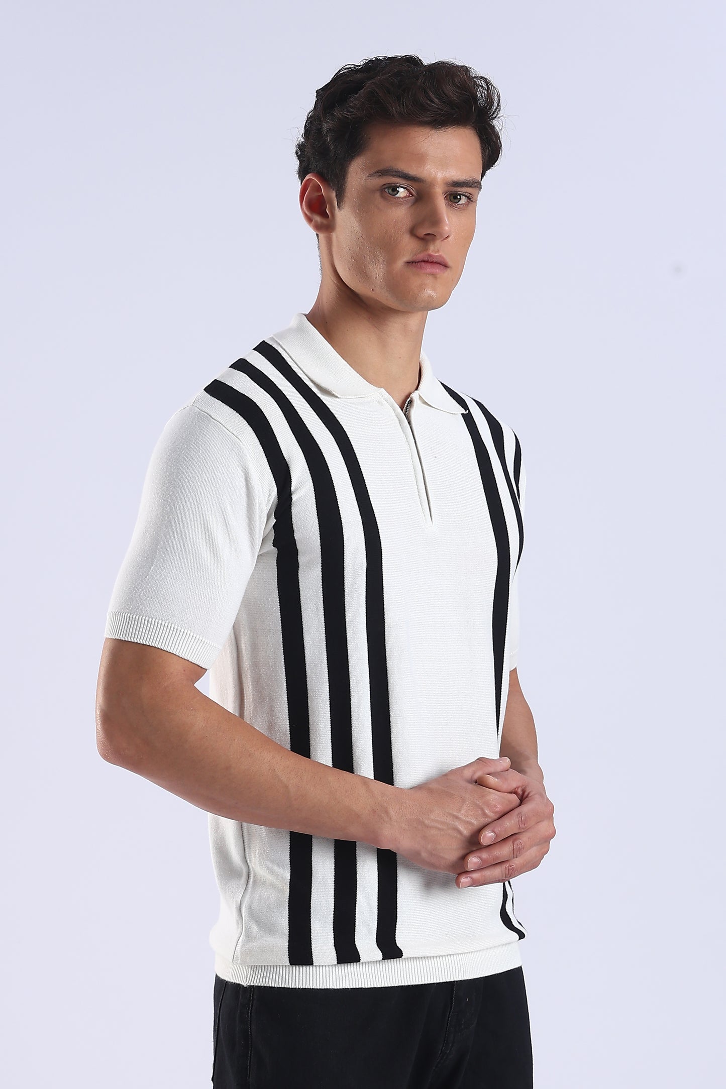 Slim Fit Polo Zipper Tee Knitted With Black Stripes