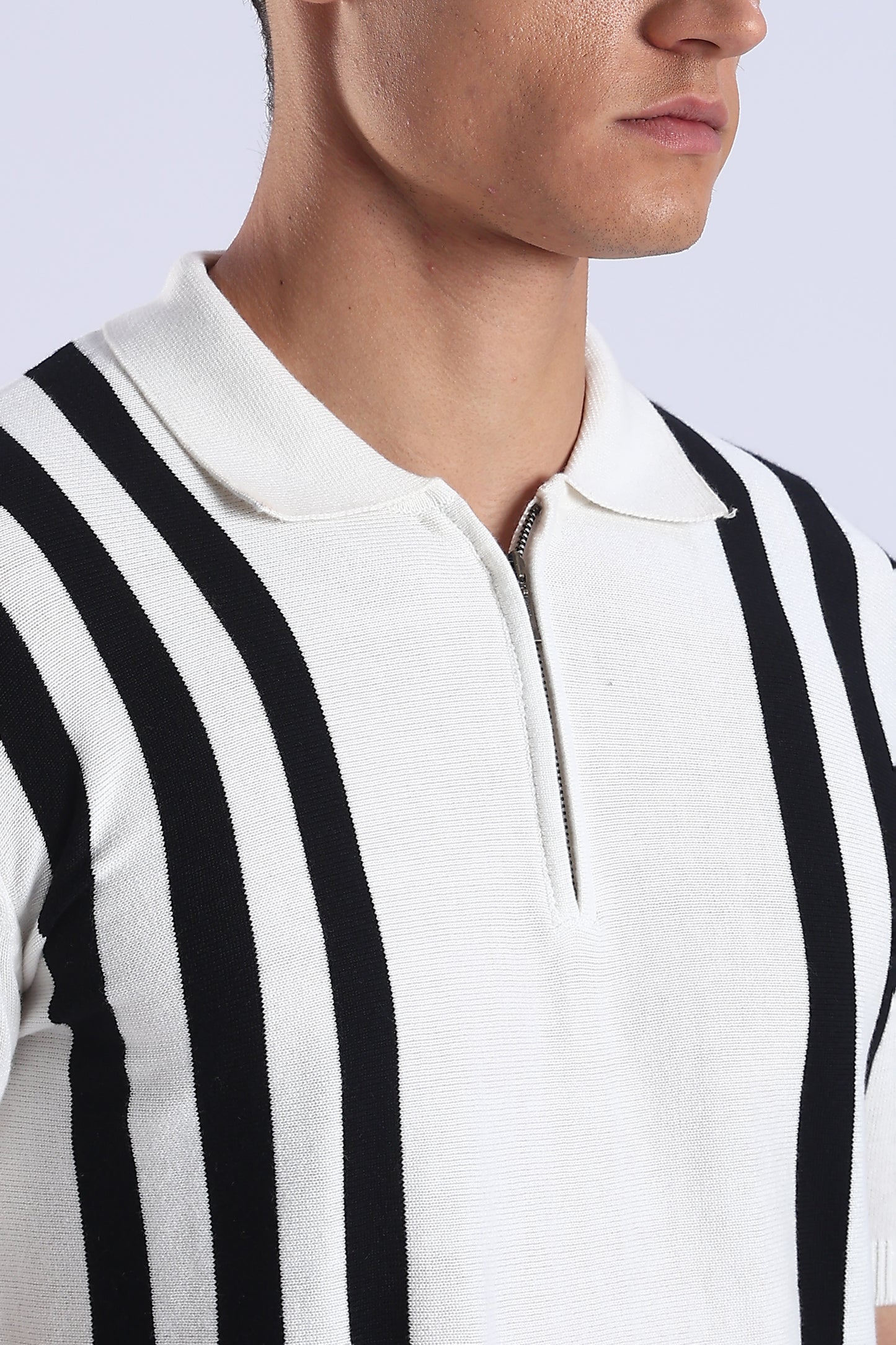 Slim Fit Polo Zipper Tee Knitted With Black Stripes