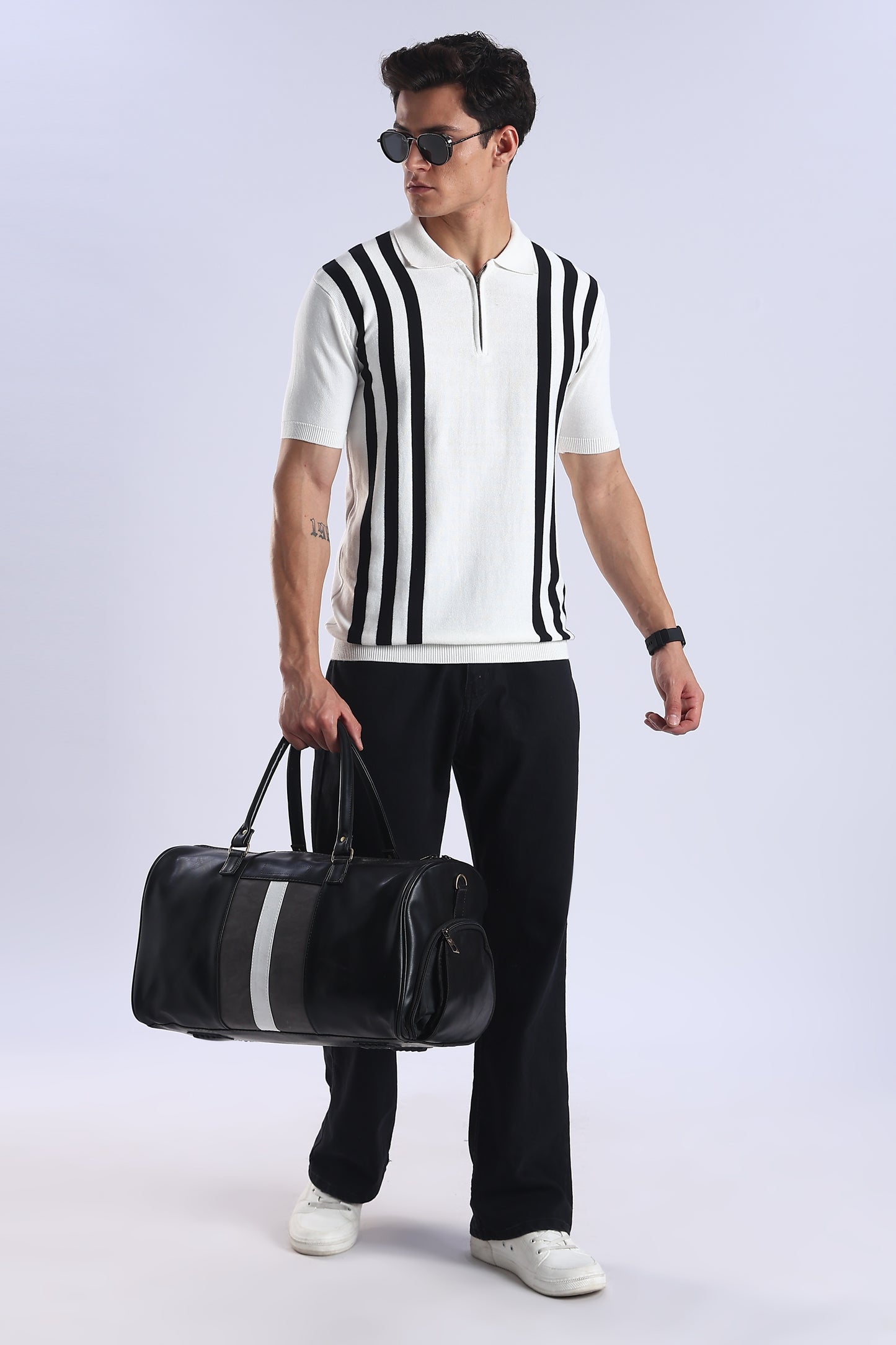 Slim Fit Polo Zipper Tee Knitted With Black Stripes