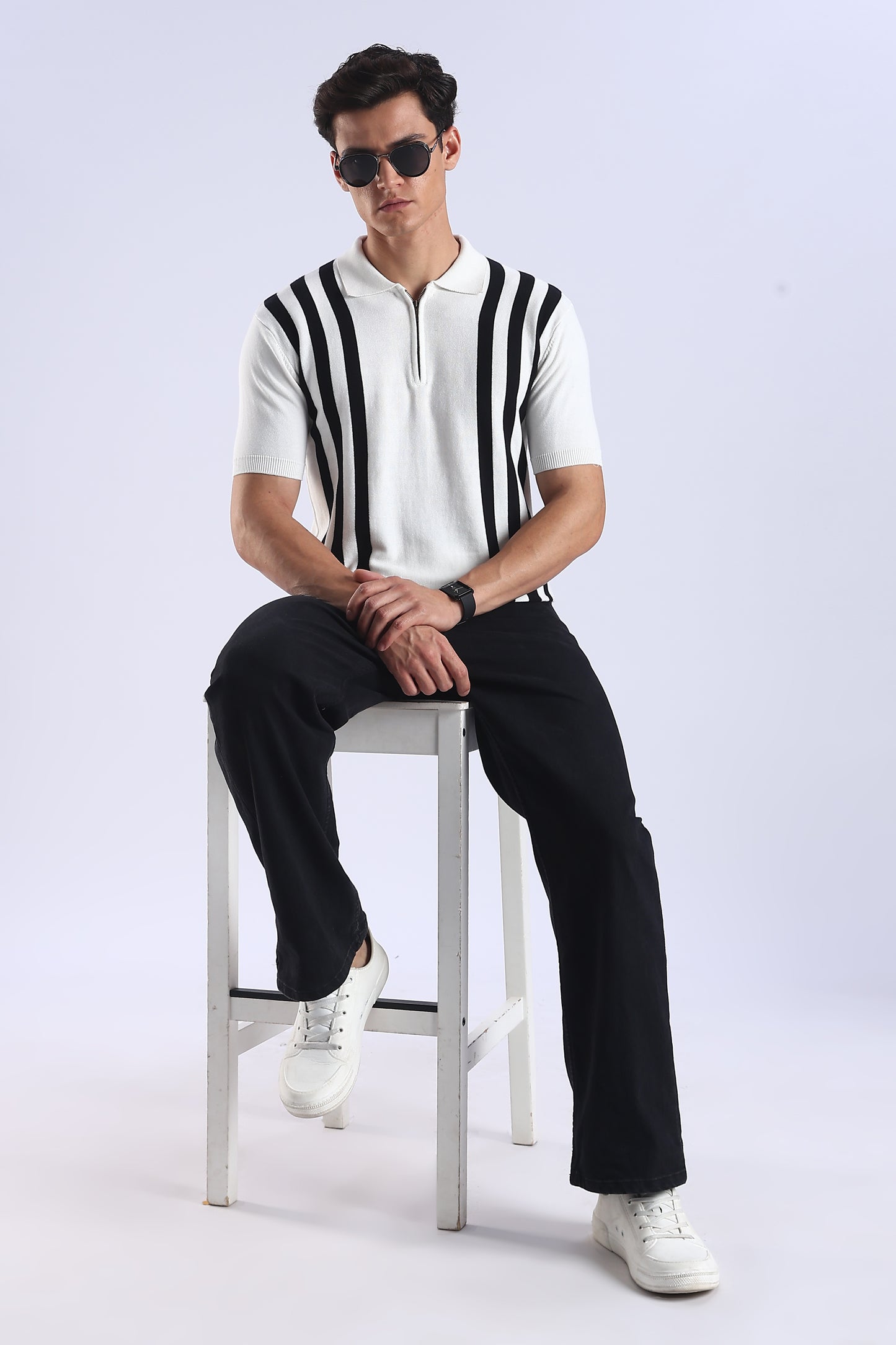 Slim Fit Polo Zipper Tee Knitted With Black Stripes