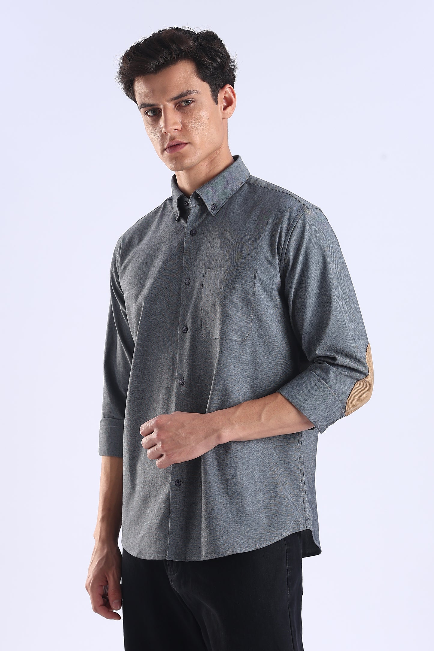 Regular Fit Dark Grey Elbow Patch Shirt