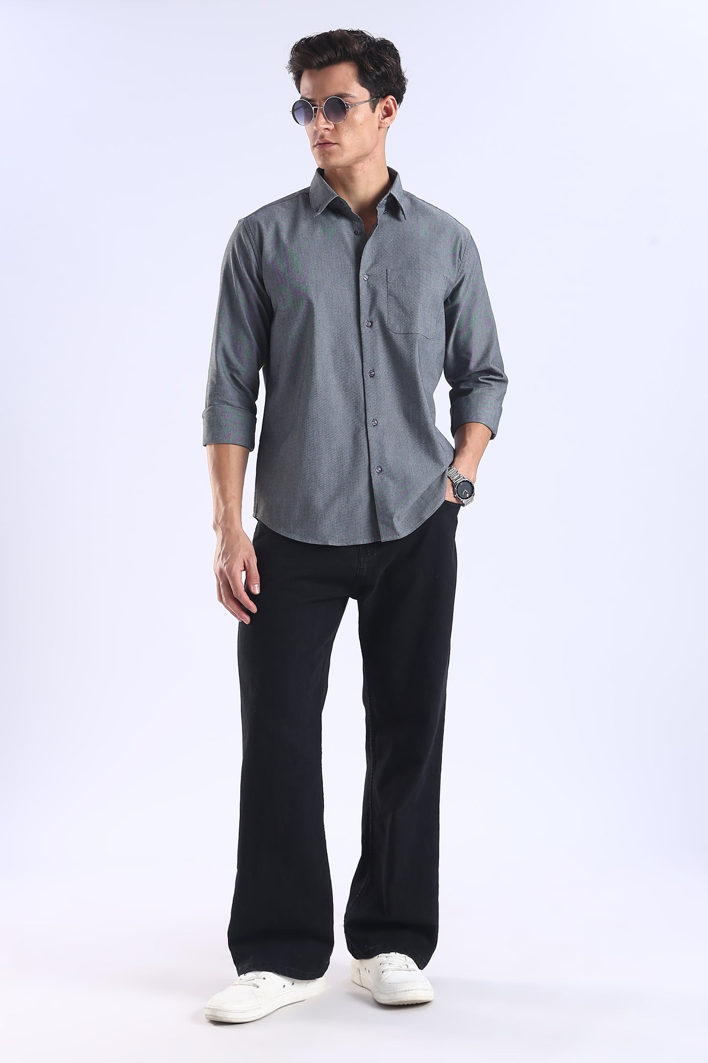 Regular Fit Dark Grey Elbow Patch Shirt