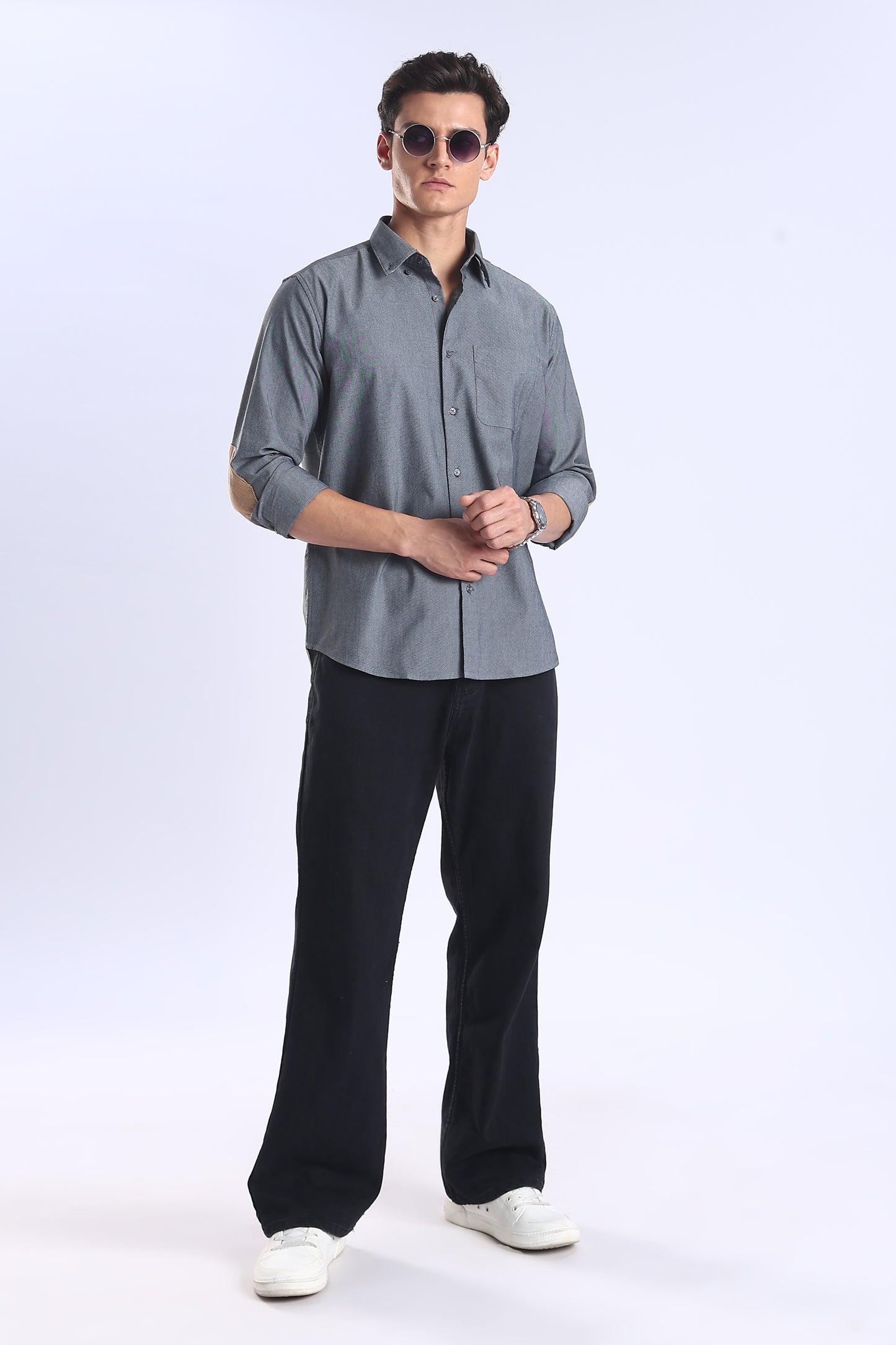 Regular Fit Dark Grey Elbow Patch Shirt