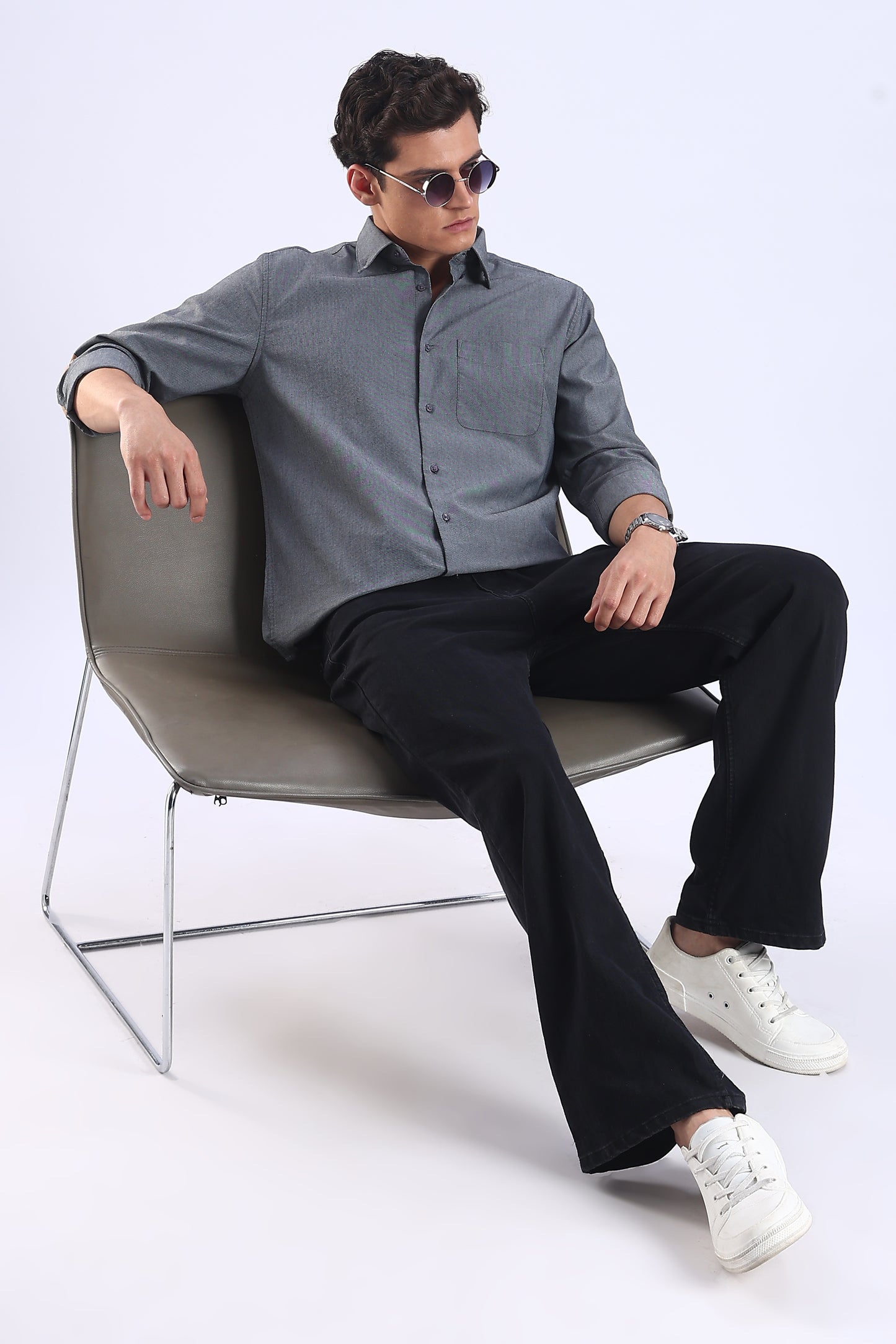 Regular Fit Dark Grey Elbow Patch Shirt