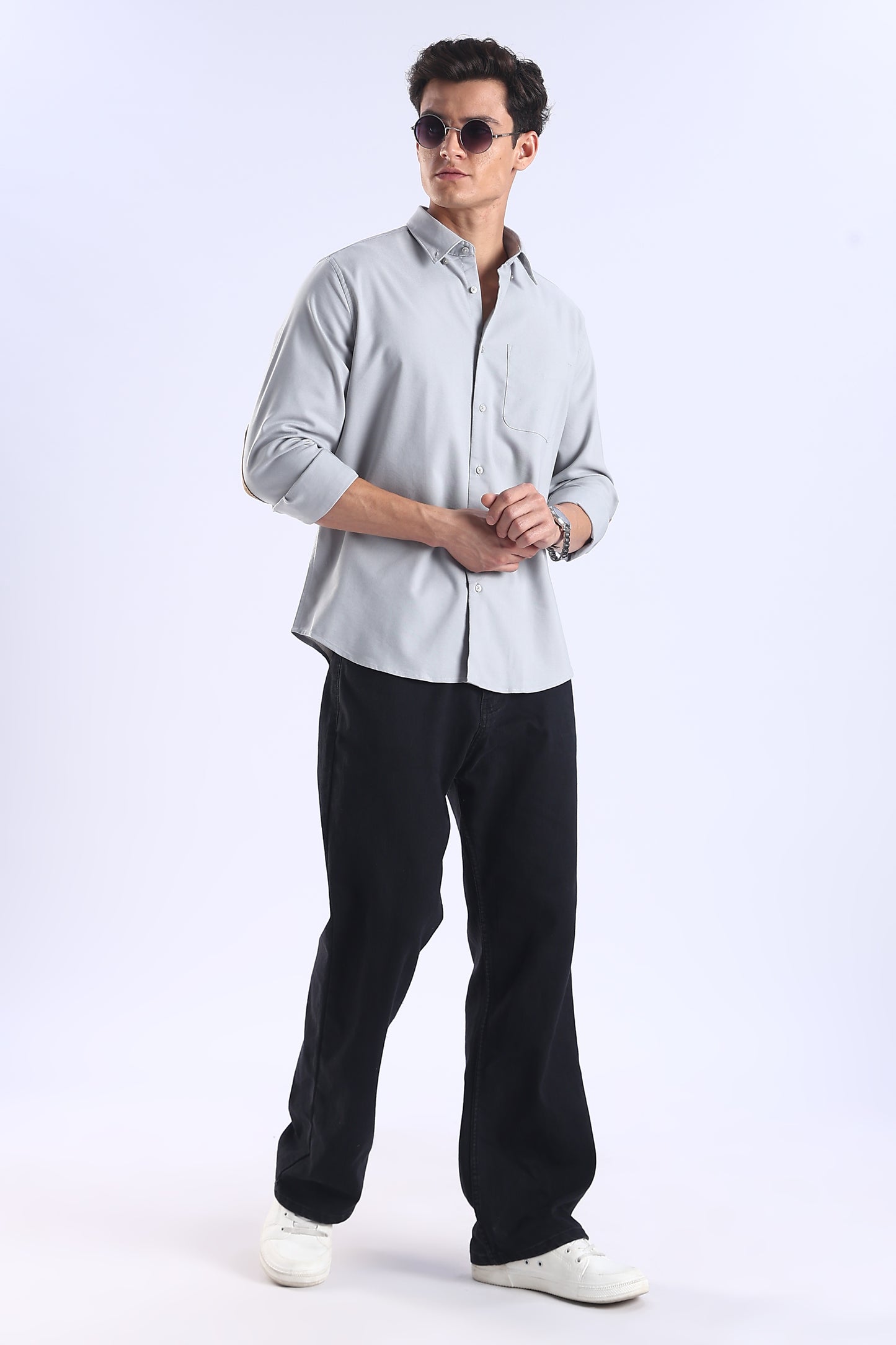 Slim Fit Light Grey Elbow Patch Shirt
