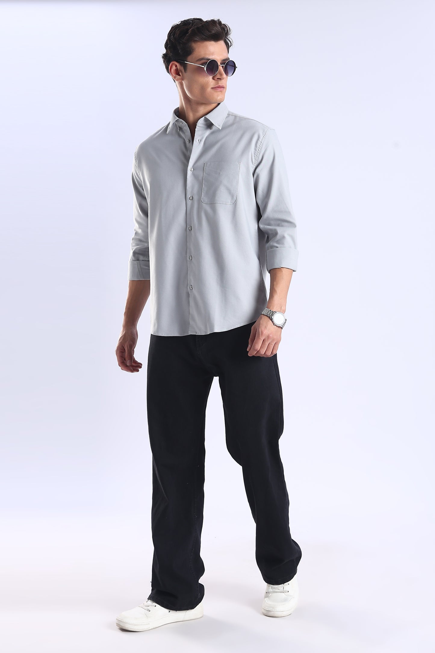 Slim Fit Light Grey Elbow Patch Shirt