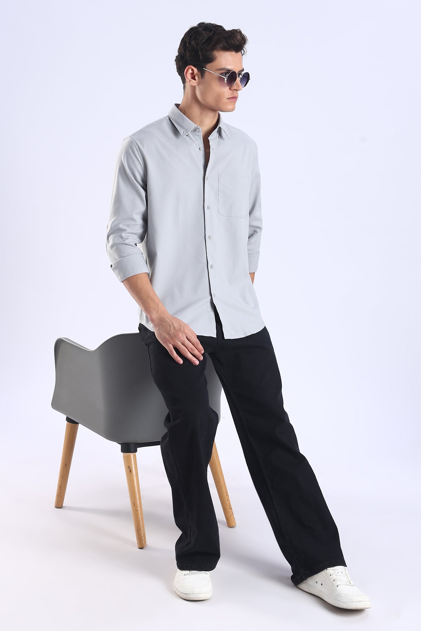 Slim Fit Light Grey Elbow Patch Shirt