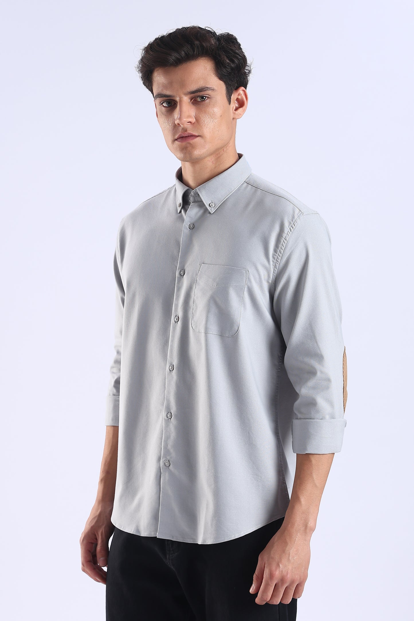 Slim Fit Light Grey Elbow Patch Shirt