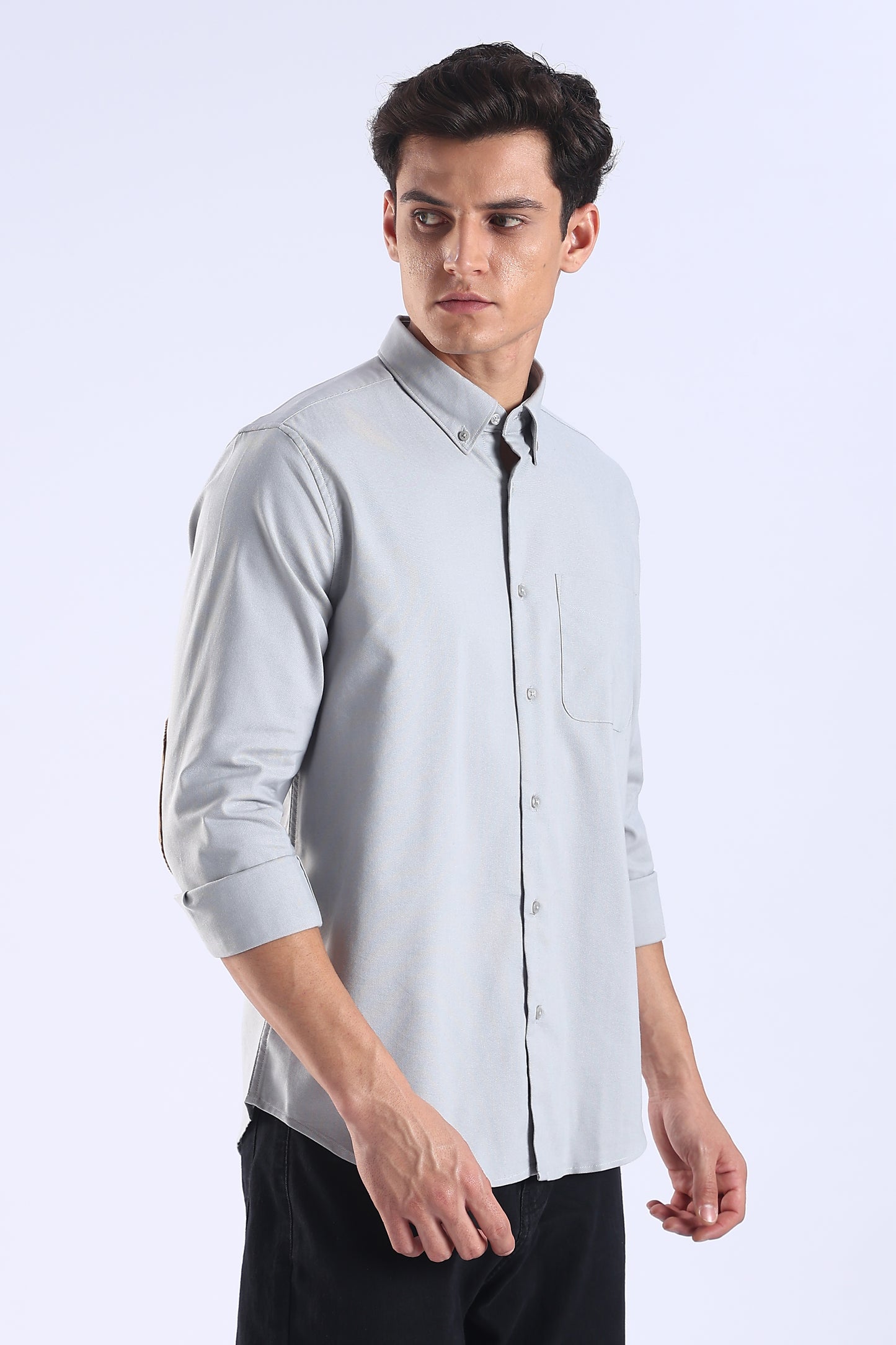 Slim Fit Light Grey Elbow Patch Shirt
