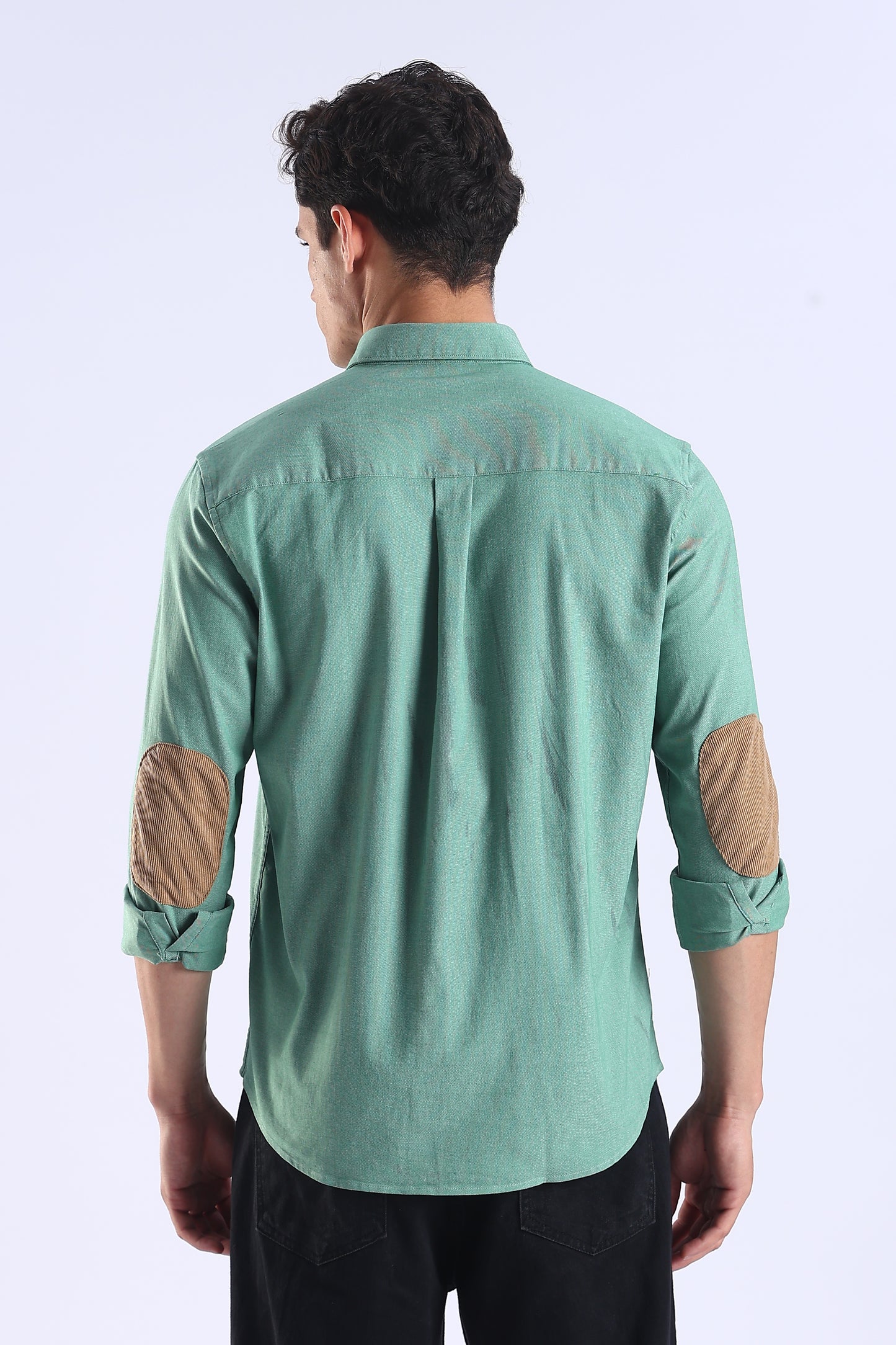 Regular Fit Elbow Patch Design Plain Light Green Shirt