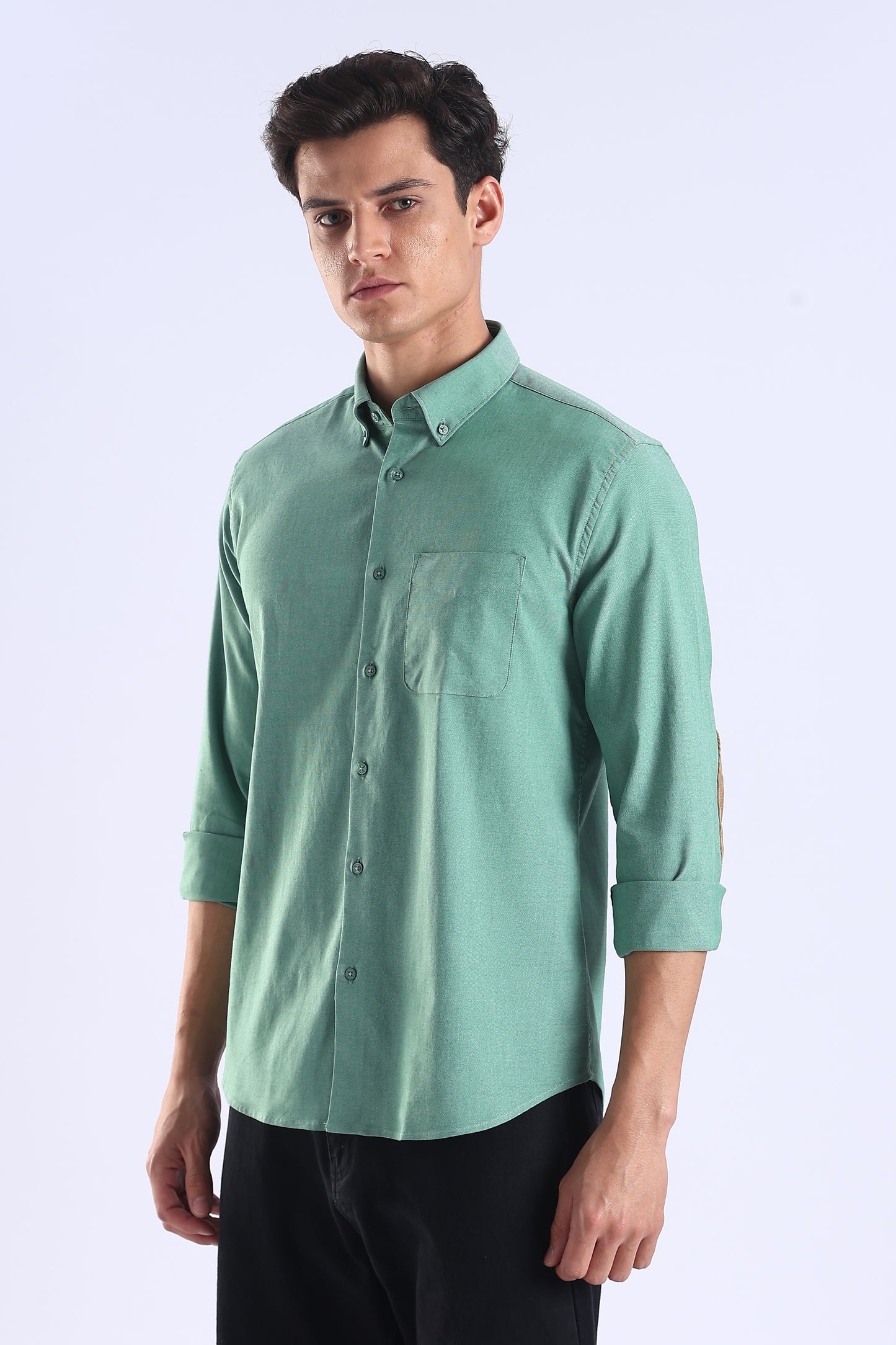 Regular Fit Elbow Patch Design Plain Light Green Shirt