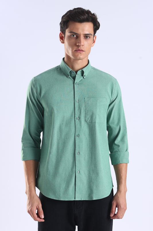 Regular Fit Elbow Patch Design Plain Light Green Shirt