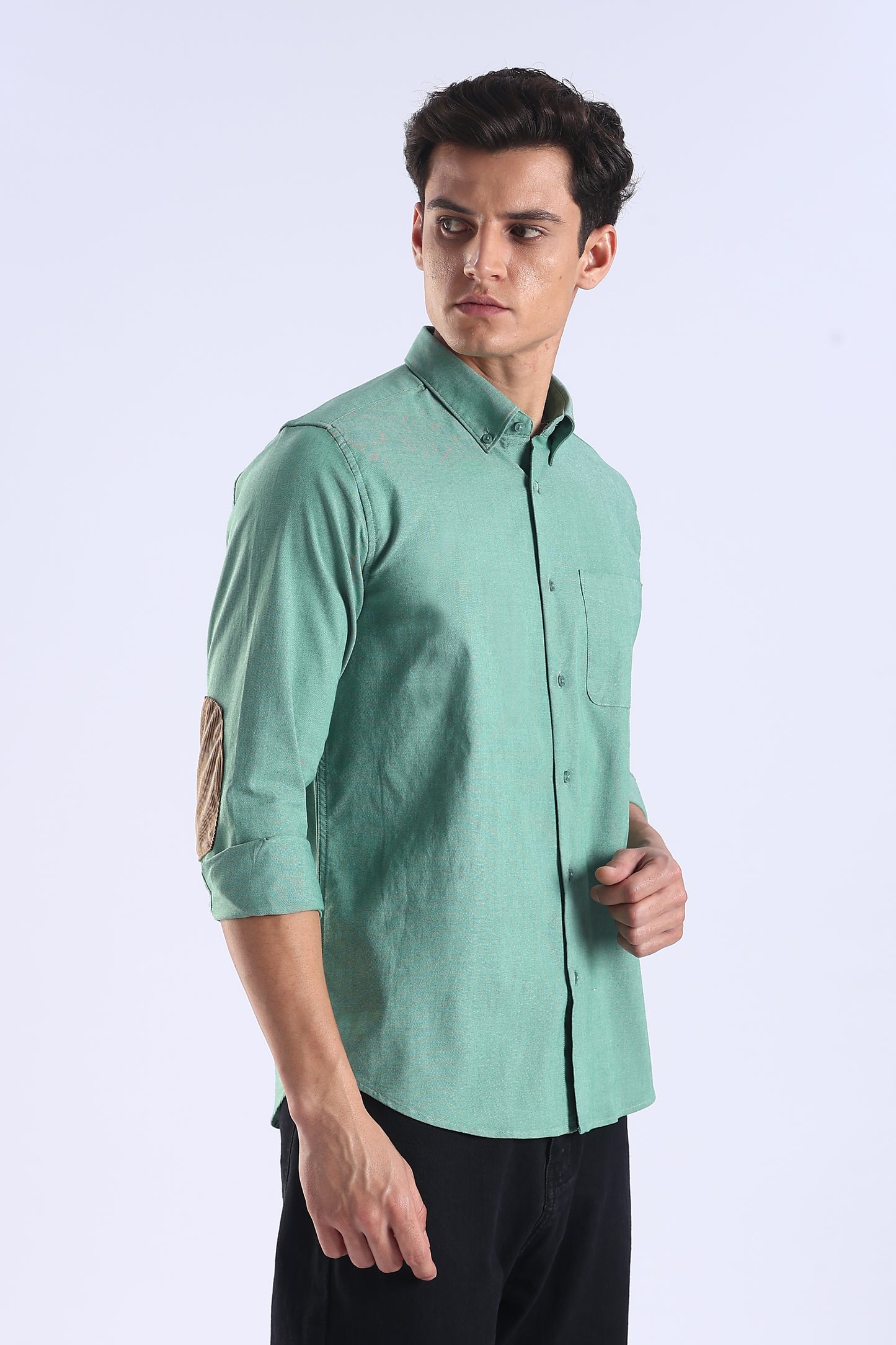 Regular Fit Elbow Patch Design Plain Light Green Shirt