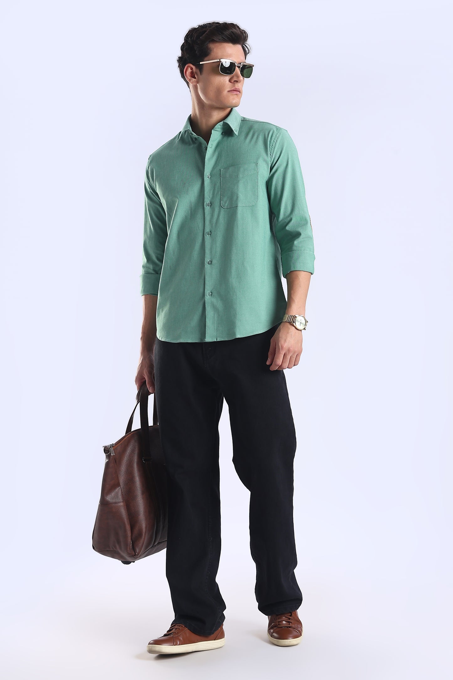 Regular Fit Elbow Patch Design Plain Light Green Shirt