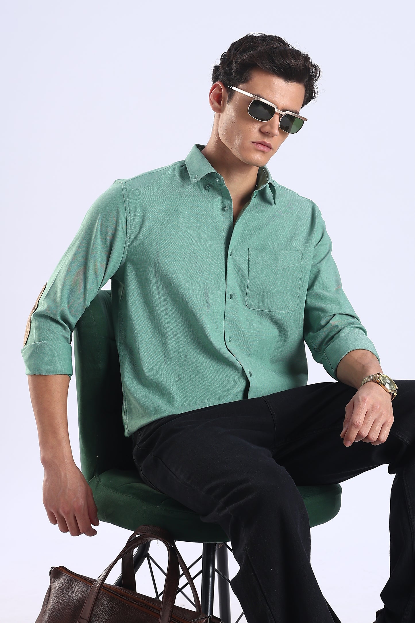 Regular Fit Elbow Patch Design Plain Light Green Shirt