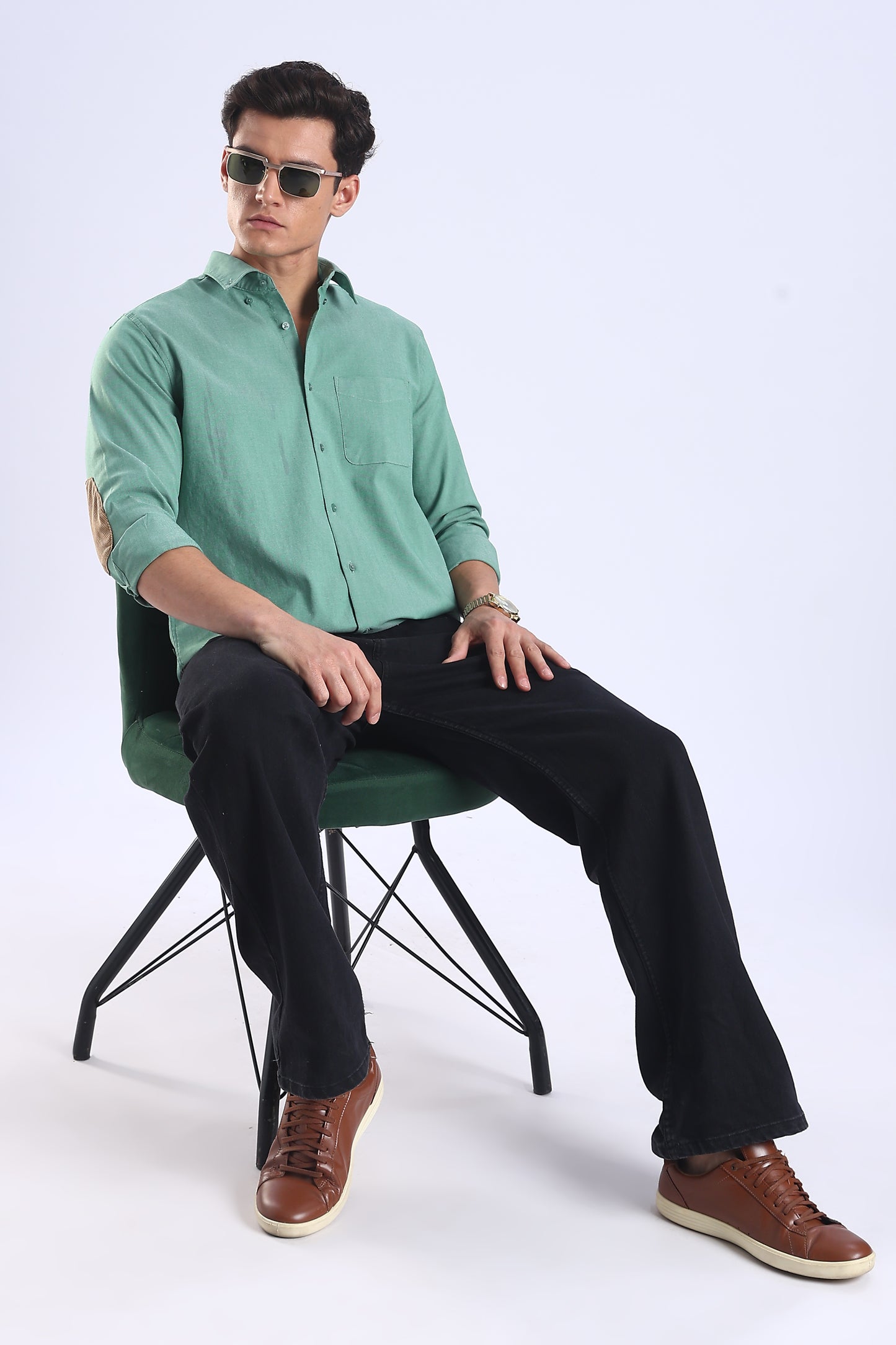 Regular Fit Elbow Patch Design Plain Light Green Shirt