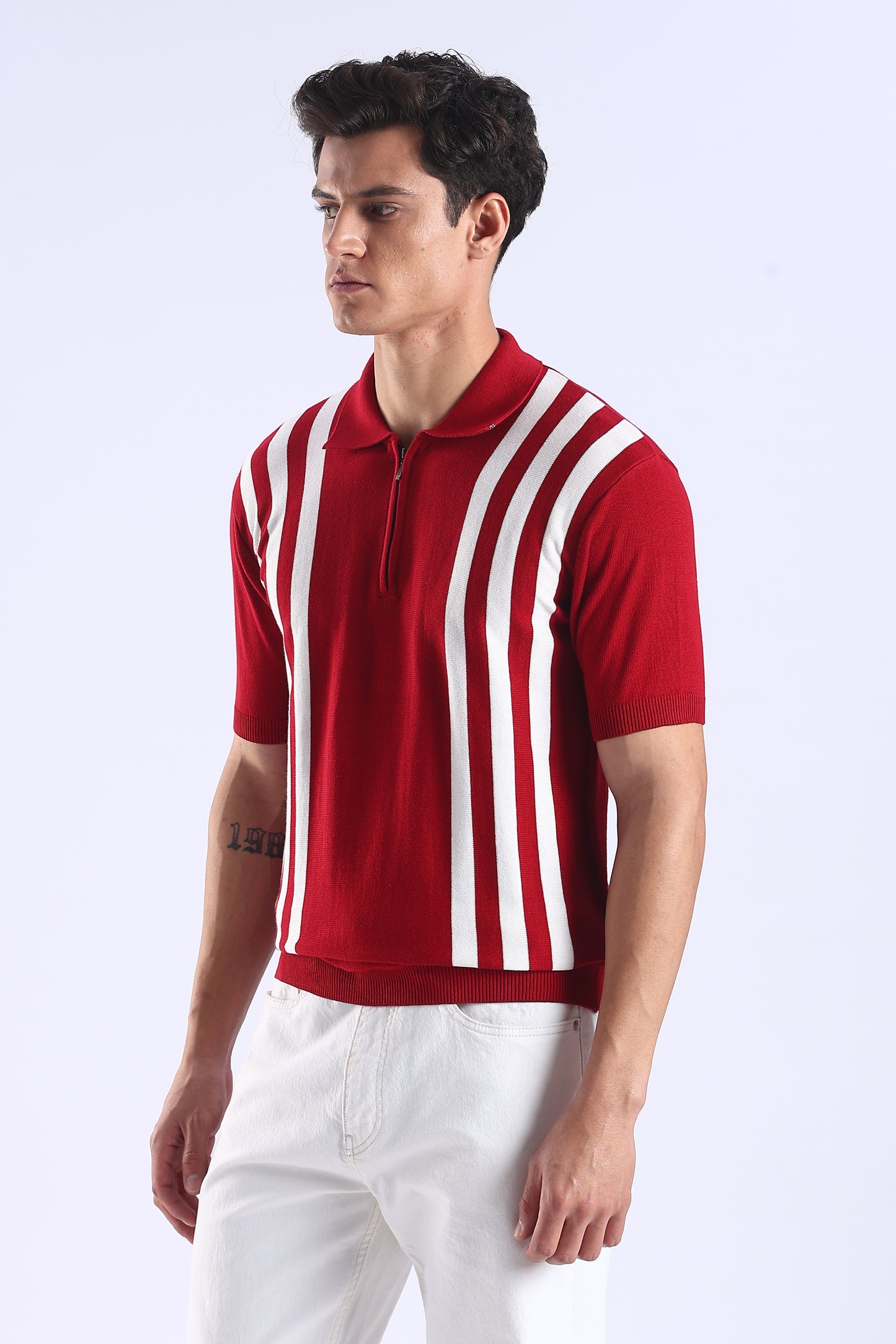 Slim Fit Polo Zipper Tee Knitted With White Stripes