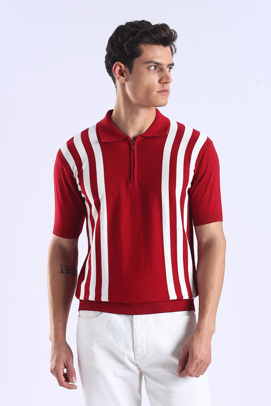 Slim Fit Polo Zipper Tee Knitted With White Stripes