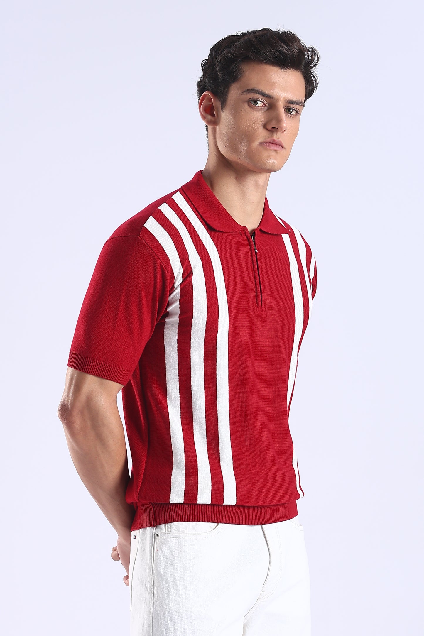 Slim Fit Polo Zipper Tee Knitted With White Stripes