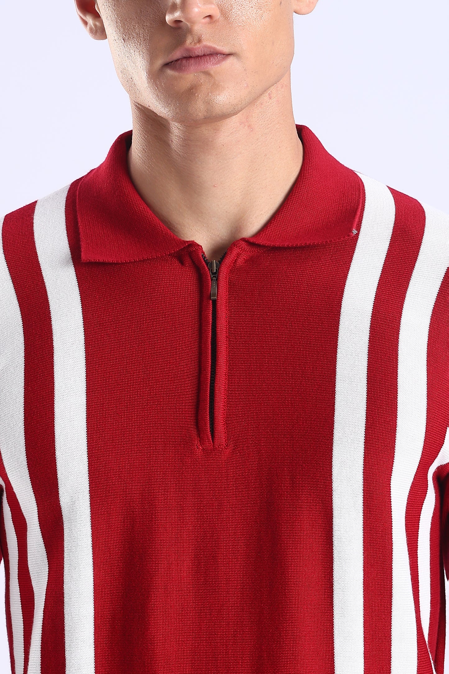 Slim Fit Polo Zipper Tee Knitted With White Stripes