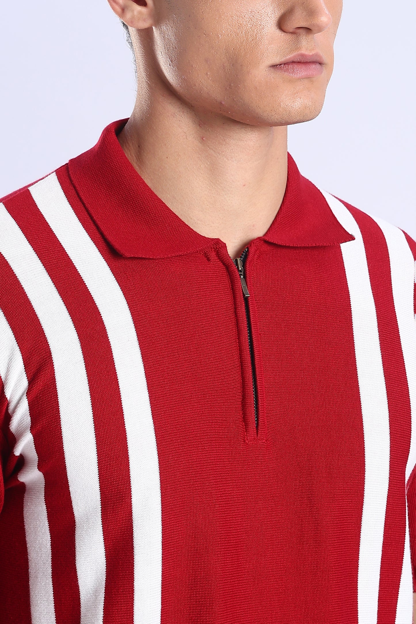 Slim Fit Polo Zipper Tee Knitted With White Stripes