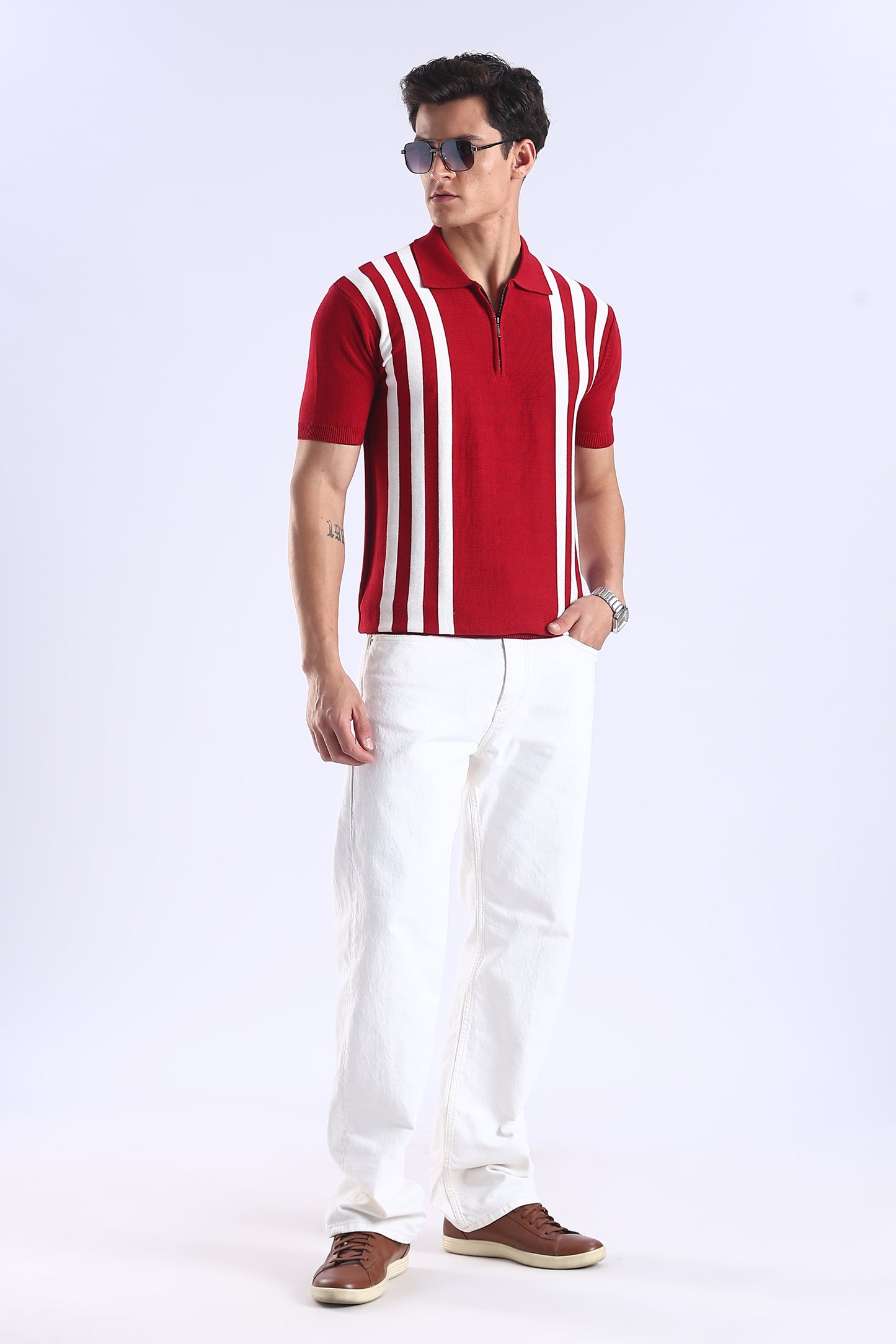Slim Fit Polo Zipper Tee Knitted With White Stripes