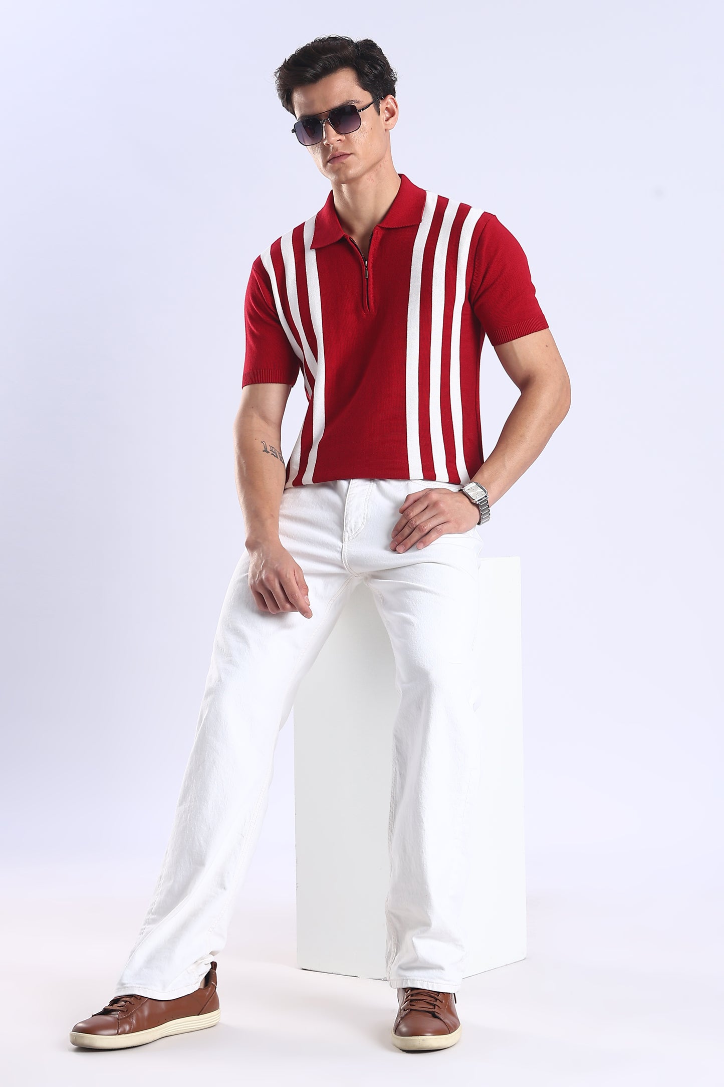 Slim Fit Polo Zipper Tee Knitted With White Stripes