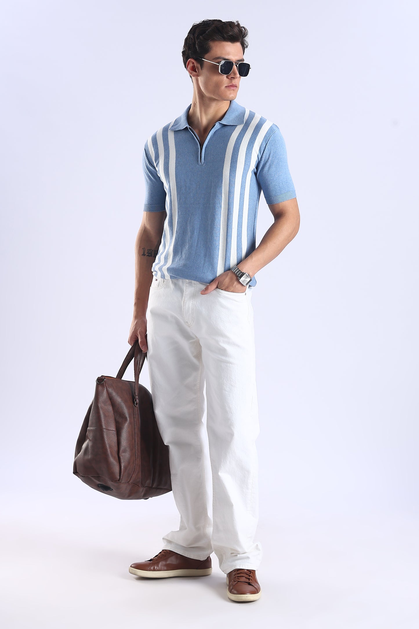 Slim Fit Polo Zipper Blue Tee Knitted With White Stripes