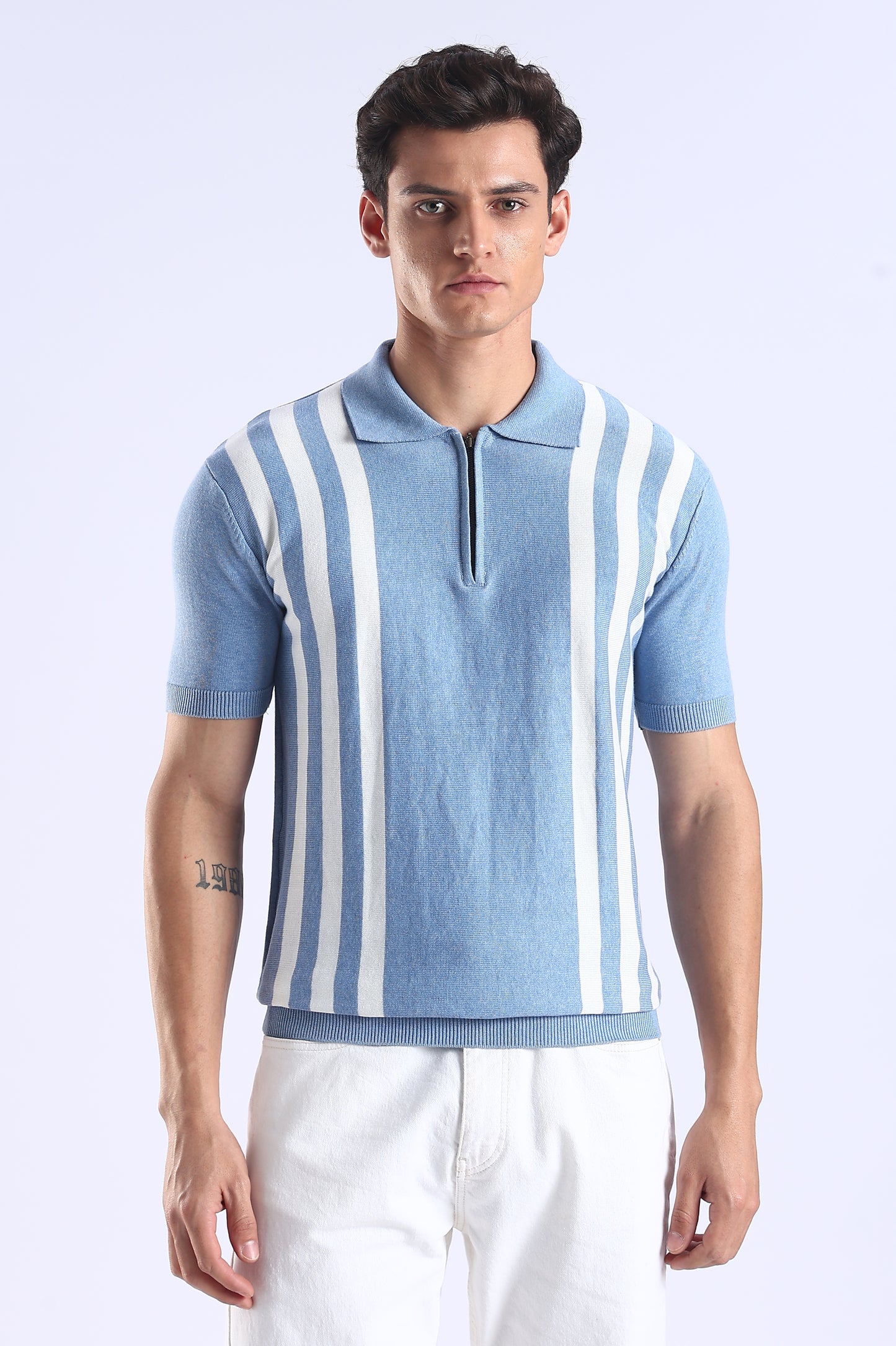 Slim Fit Polo Zipper Blue Tee Knitted With White Stripes