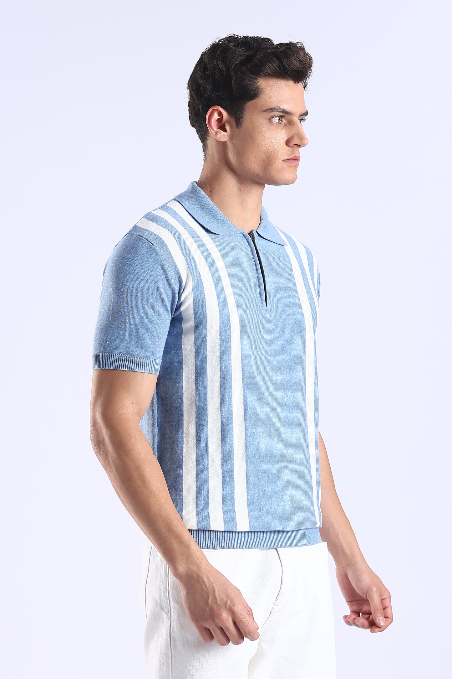 Slim Fit Polo Zipper Blue Tee Knitted With White Stripes