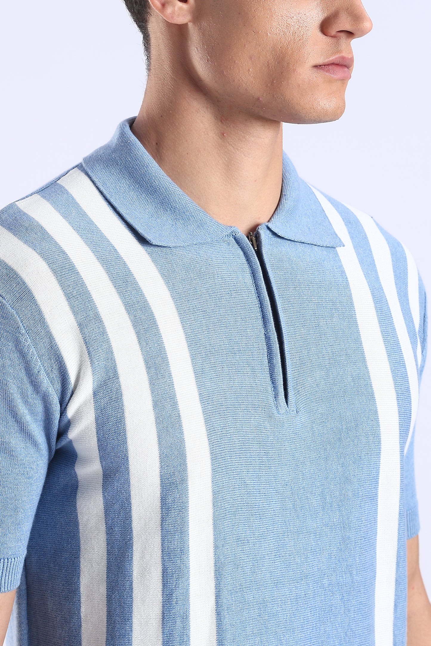 Slim Fit Polo Zipper Blue Tee Knitted With White Stripes