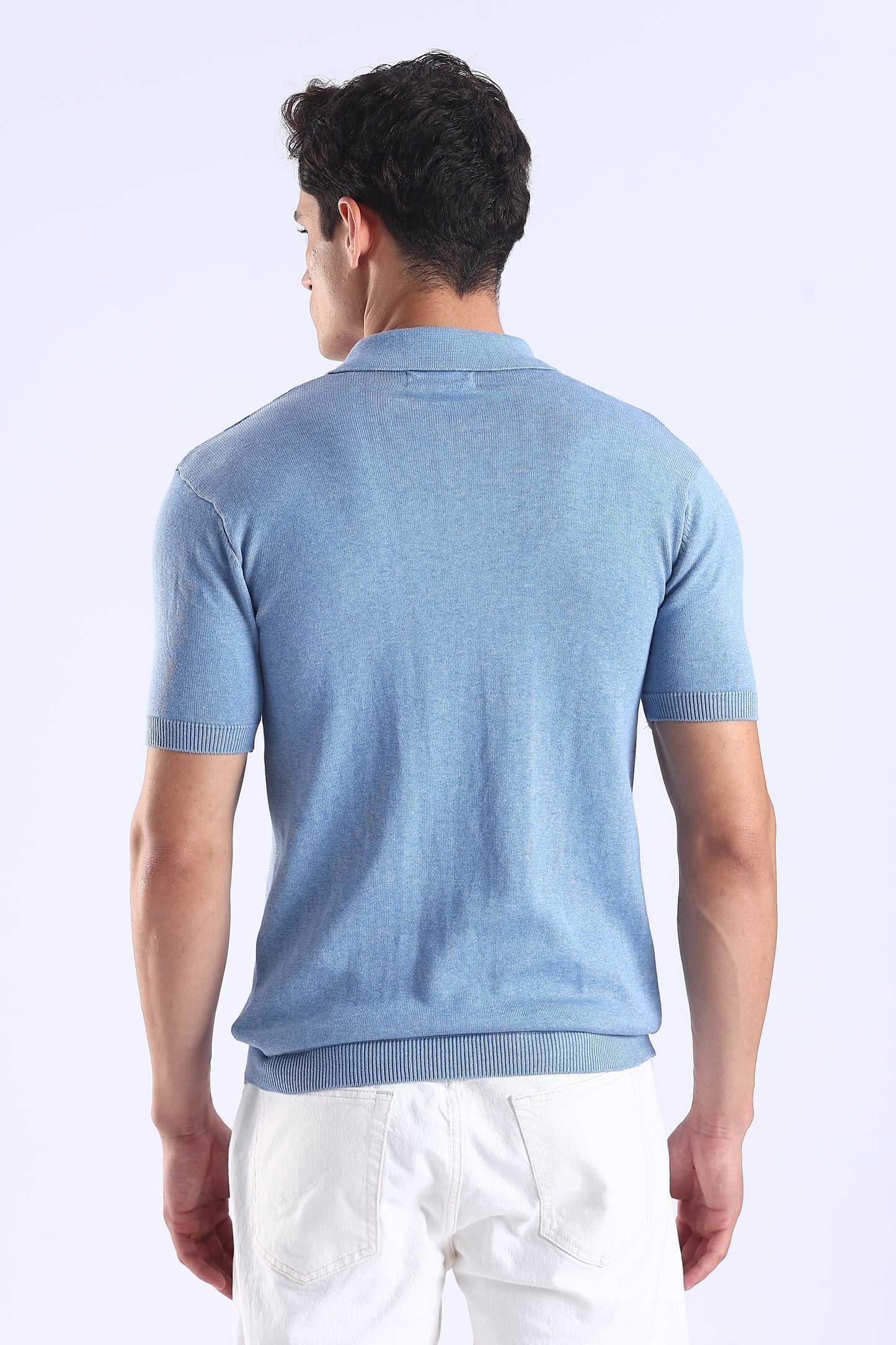 Slim Fit Polo Zipper Blue Tee Knitted With White Stripes