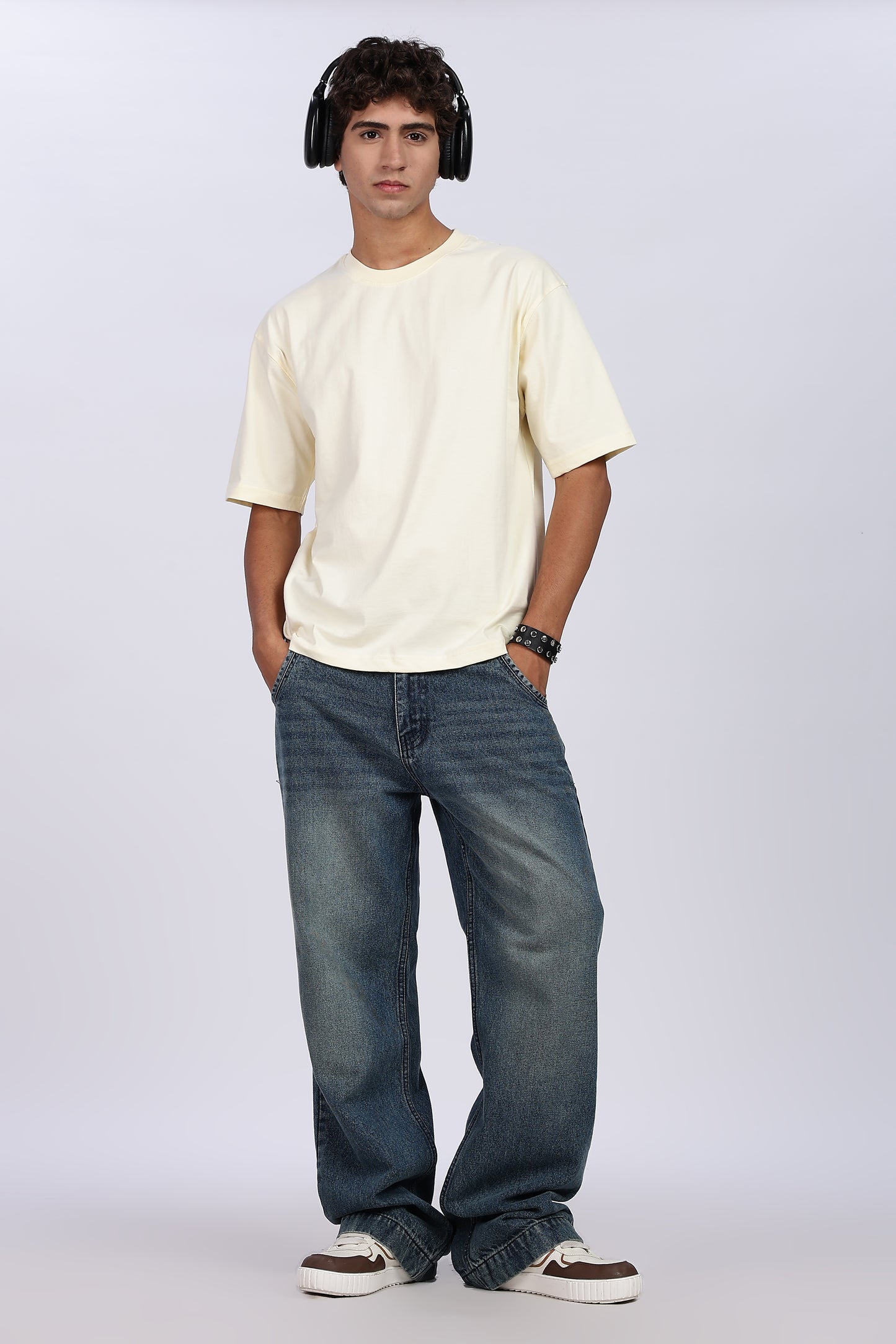 Five-Sleeve Drop Shoulder Light Beige T-Shirt