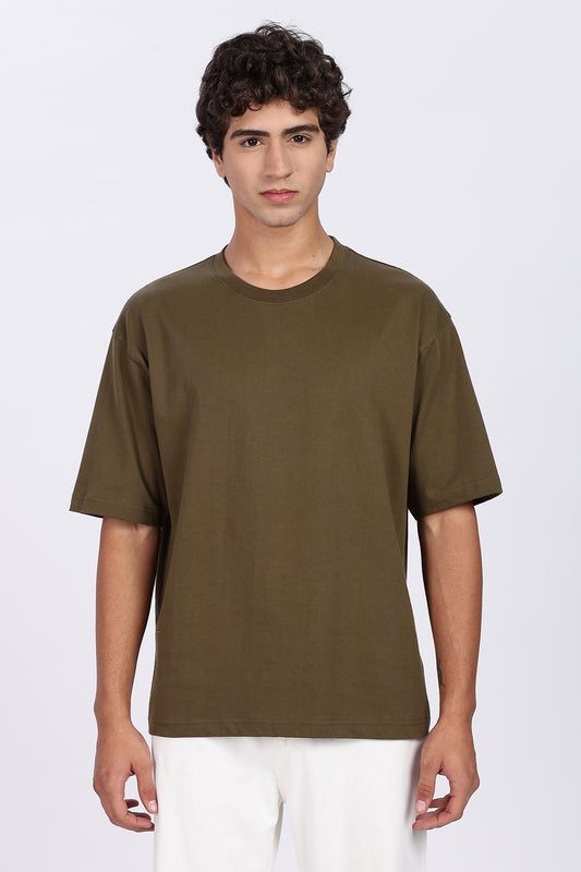 Five-Sleeve Drop Shoulder Olive Green T-Shirt