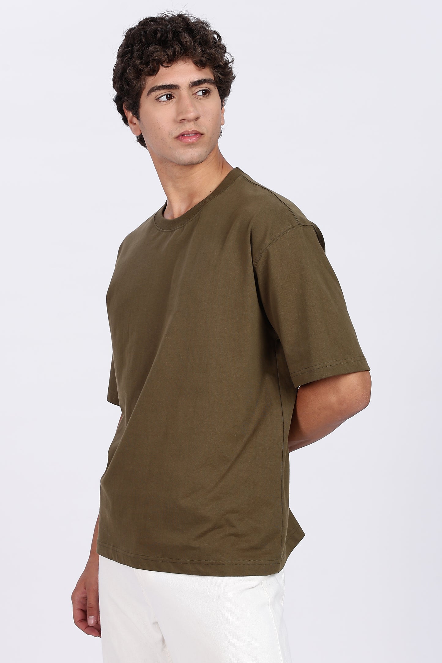 Five-Sleeve Drop Shoulder Olive Green T-Shirt